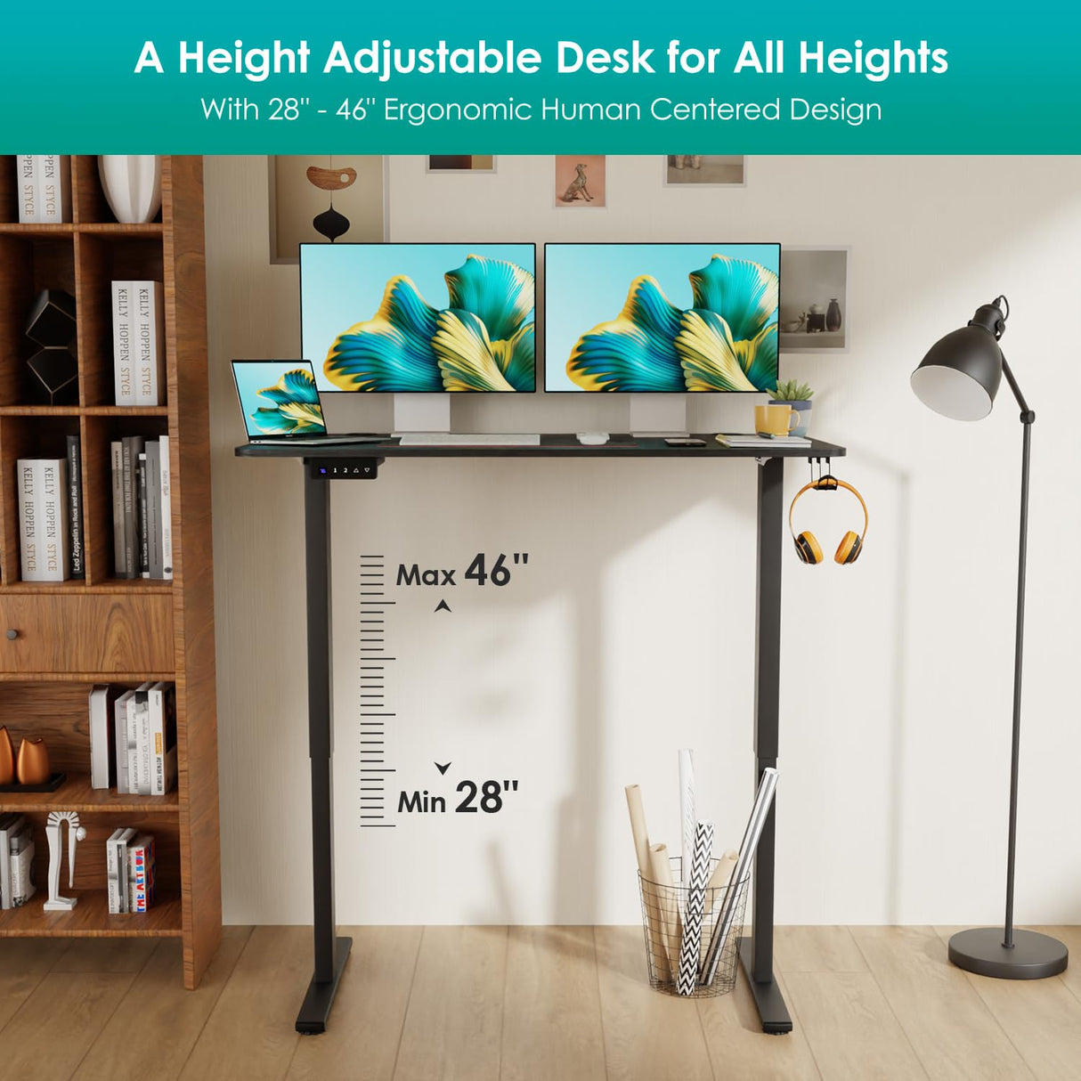 PayLessHere 48 Inch Adjustable Height Standing Desk Computer Desk with Large Space and Headphone Holder Office Desk with Electric Lifting and 2 Memory Function for Office Bedroom Meeting Room,Black PayLessHere