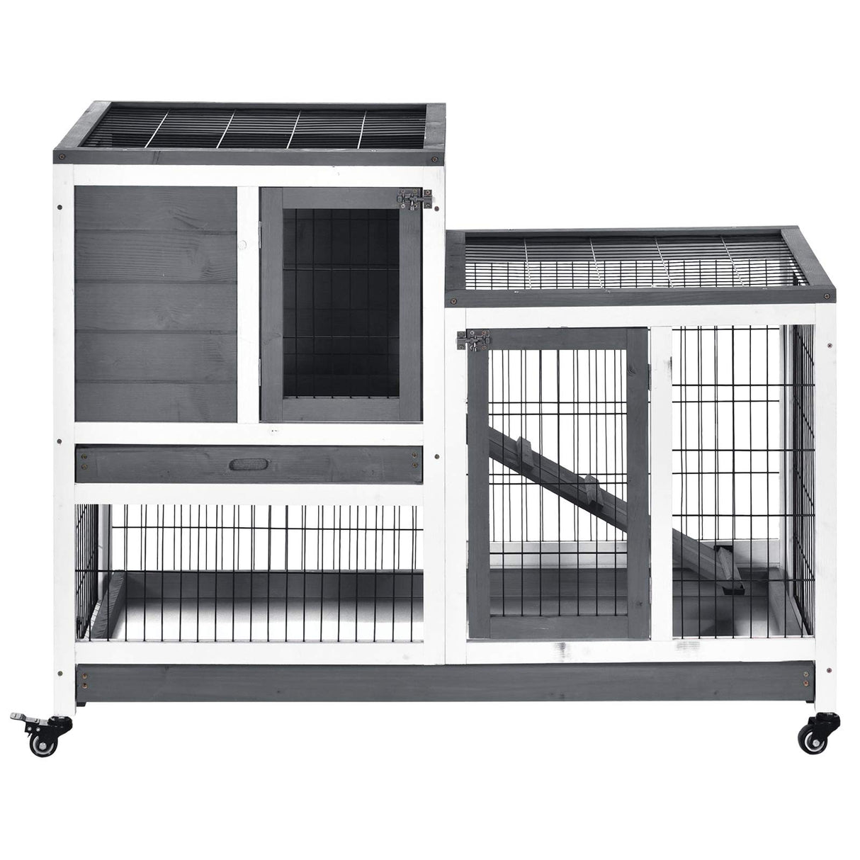 PawHut Wooden Rabbit Hutch Elevated Bunny Cage Indoor Small Animal Habitat with Enclosed Run with Wheels, Ramp, Removable Tray Ideal for Guinea Pigs, Grey PawHut