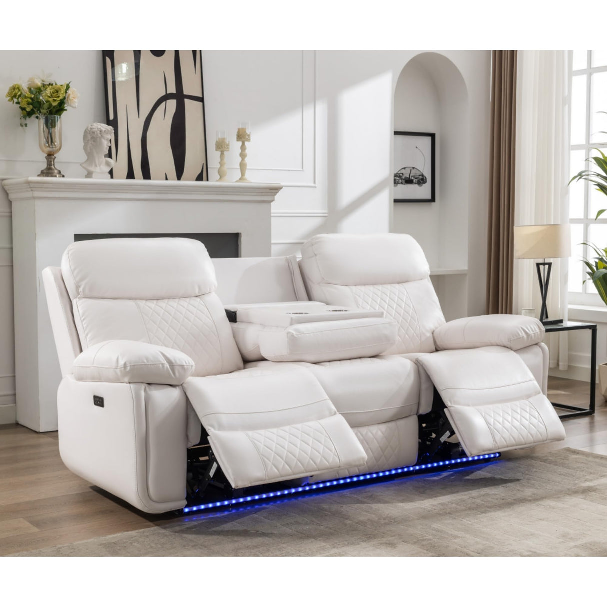 KEIKI 2-Piece Power Reclining Sofa Set with 1 Oversized Technical Leather 3-Seater Sofa & 1 Loveseat Sofa, Electric Control 5-Seater Couch Set with Cup Holder, Storage Armrest, for Living Room, White KEIKI