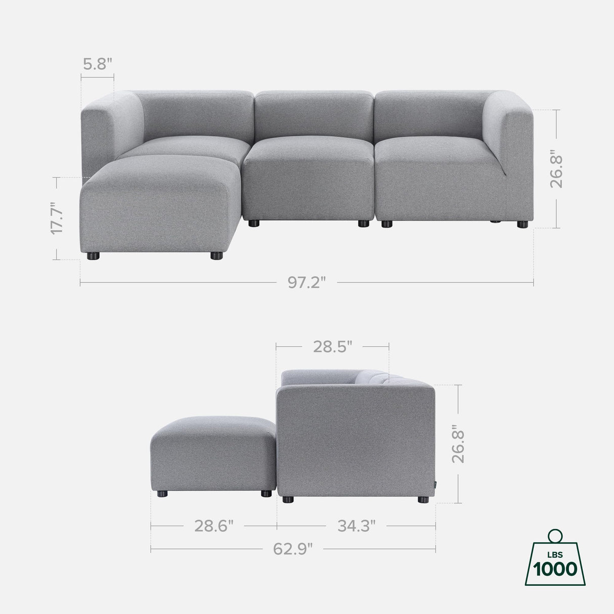 ZINUS Luca Reversible Chaise Sectional Sofa, Modern Style, Flexible Modular Design, Easy Tool-Free Assembly, Grey ZINUS