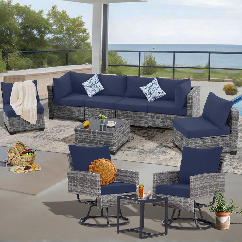 FHFO 10 Pieces Outdoor Patio Furniture Set with Swivel Chairs, Wicker Sectional Sofa Set Rattan Modular Patio Conversation with Cushions Couch & Coffee Table for Garden, Balcony, Porch, Grey-Blue FHFO