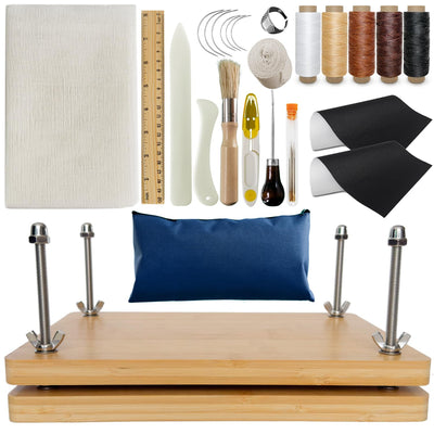 Kreapa Book Binding Kits, Bookbinding Supplies with Wooden Book Press 11.6x7.7 inches,Real Bone Clips, Awl, Big Eye Needle, BookCloth, Gauze, Binding Strap for DIY