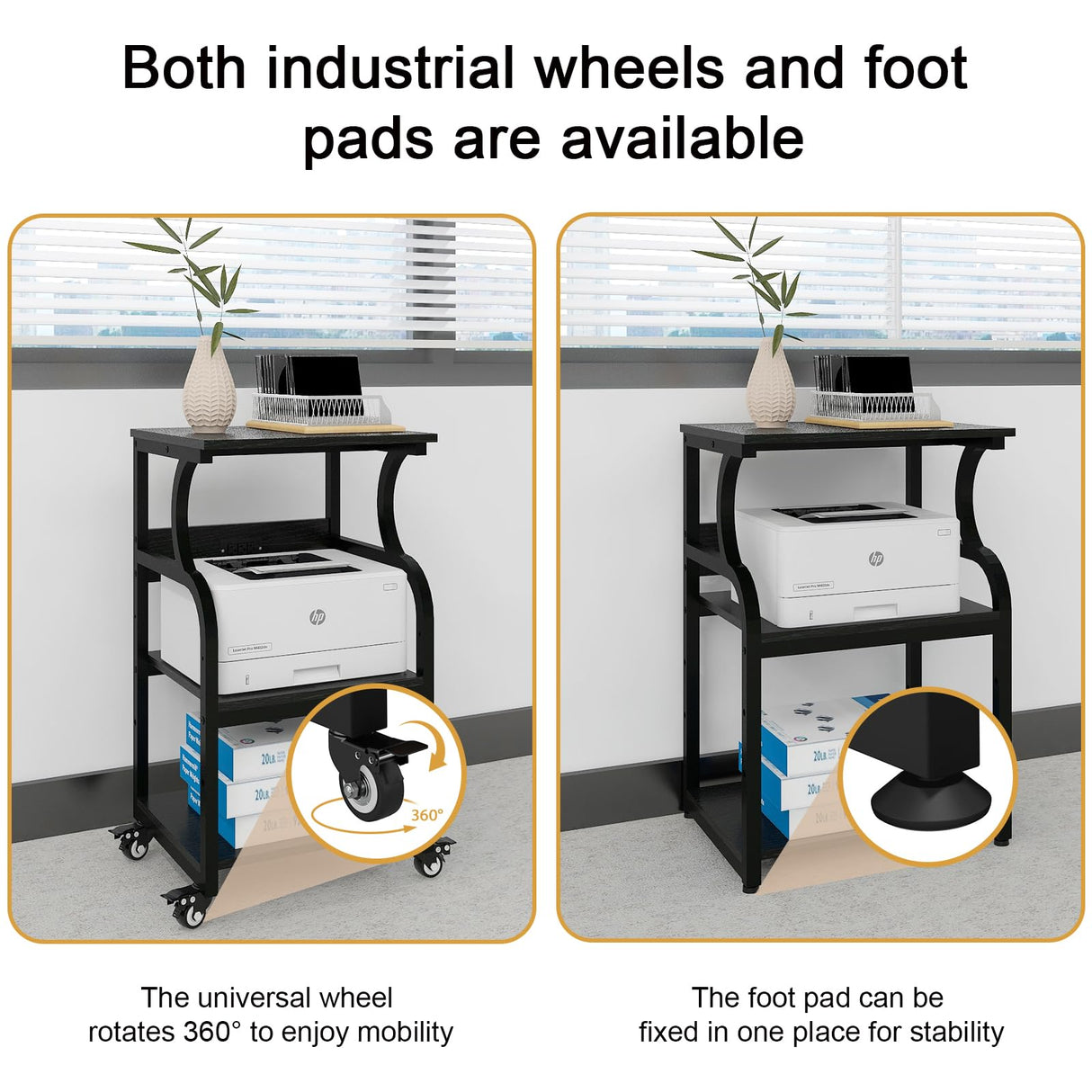 Natwind 3 Tier Printer Stand,Printer Table with Adjustable Storage Shelf, Rolling Printer Cart with Wheels for Home Office Organization,Multifunctional Shelves for Heat Press,3D Printer (Black) Natwind