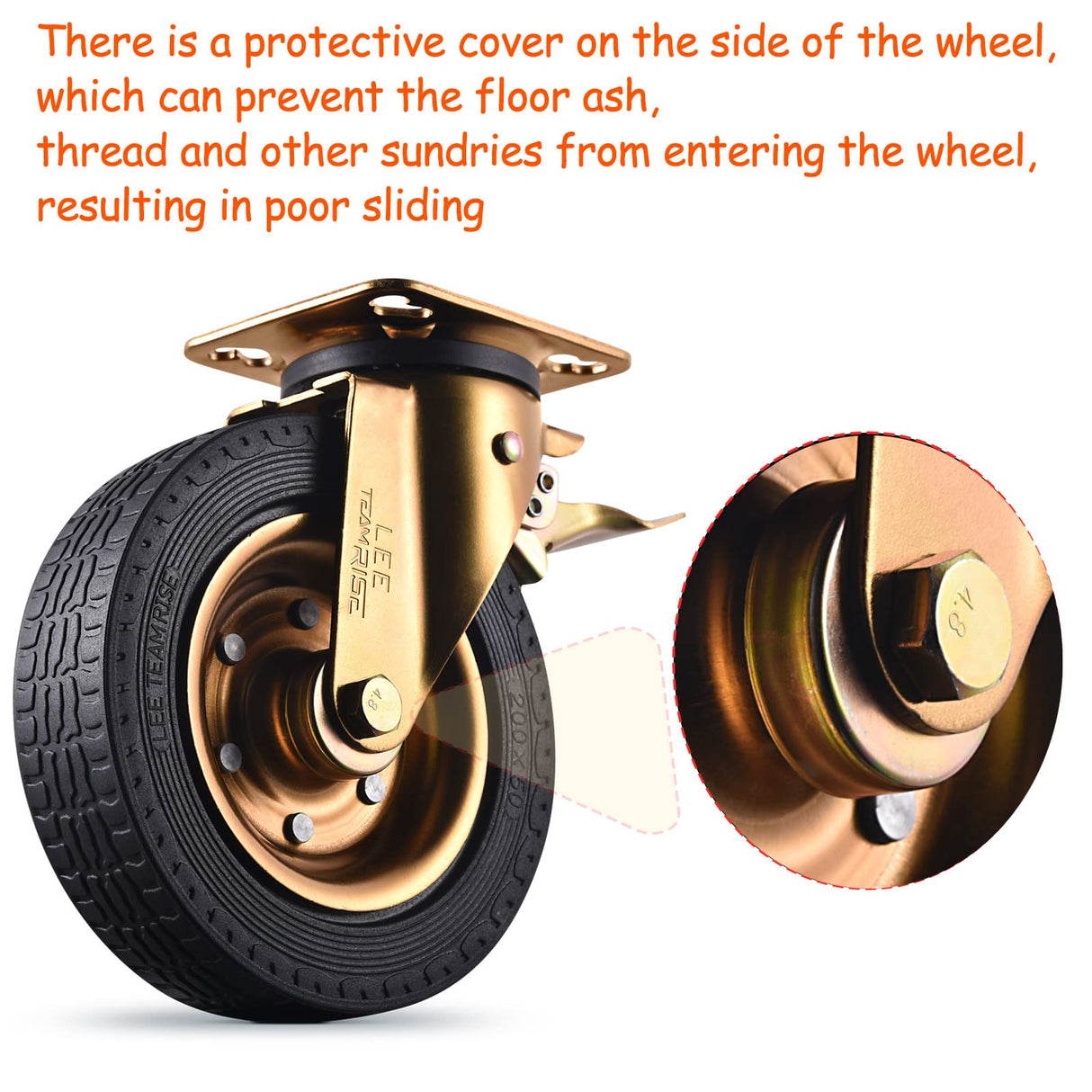 Fixed Casters Set of 4 Heavy Duty 8 Inch Plate Swivel Industrial Solid Rubber Rigid Caster Wheels for Cart Workbench Outdoor Castors Dual Locking Replacement 3200Lbs Load Capacity Bolts Screws Include LEE TEAM RISE