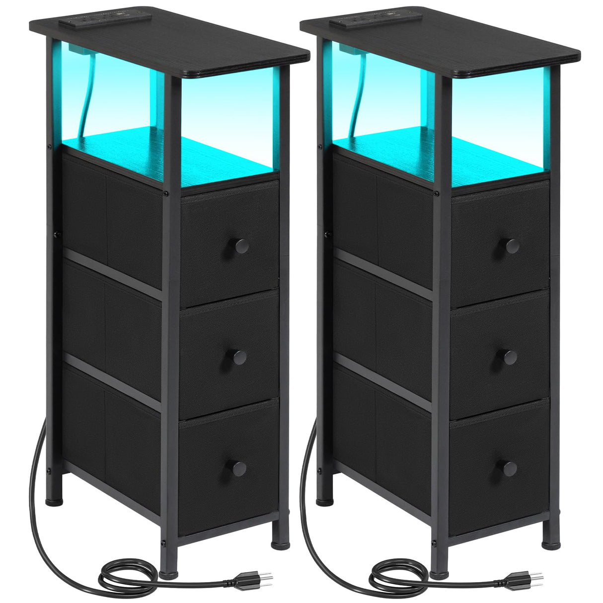 LOAKEKEL Narrow End Tables Living Room Set of 2 with Charging Station, Skinny Side Table with Fabric Drawers, Slim LED Nightstand for Bedroom, Small Spaces, Couch, Black, HETNDP03LBK LOAKEKEL