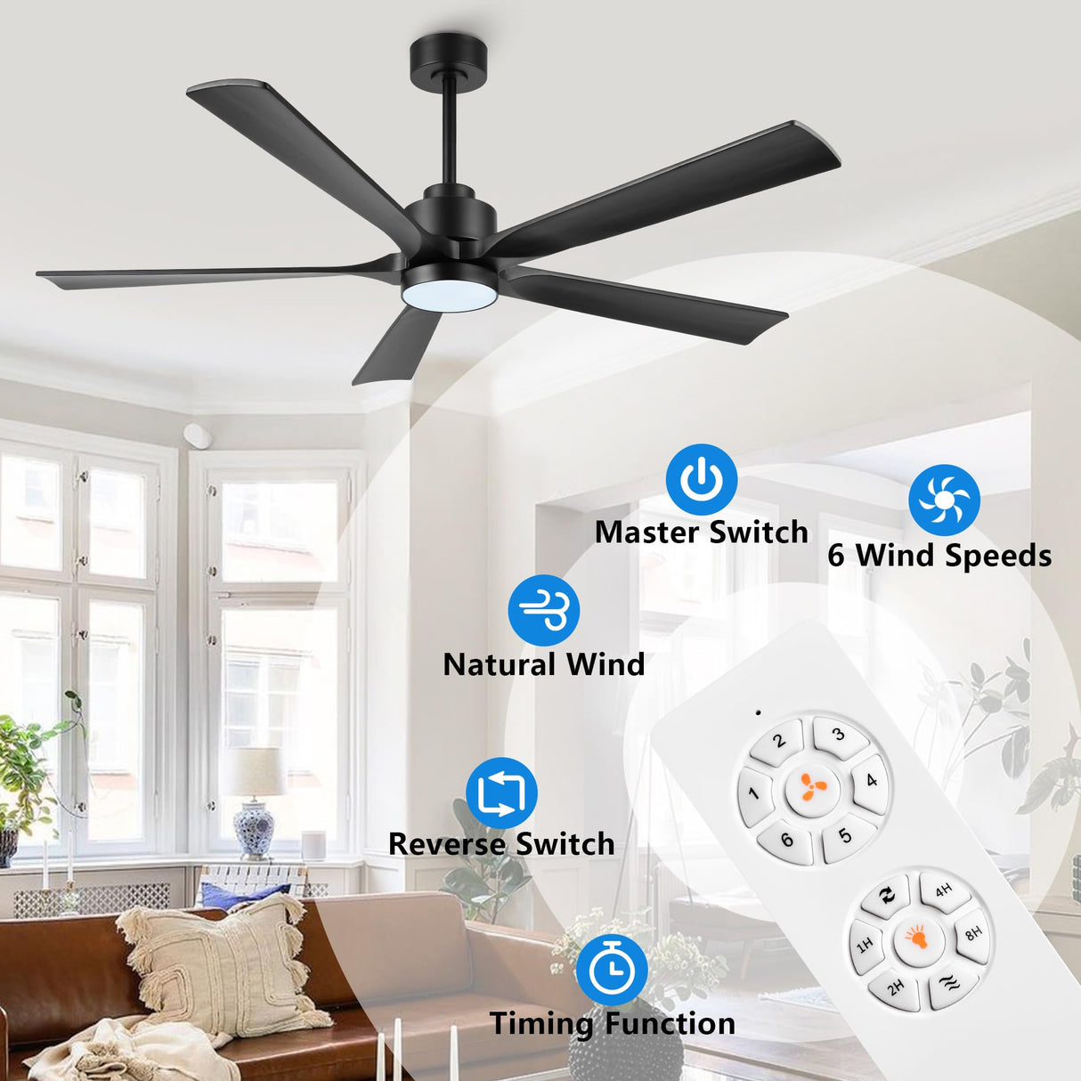 ELEHINSER 60" Modern Ceiling Fan with Lights and Remote Control, 5 Solid Wood Blades 6-Speed Noiseless Reversible DC Motor, Ceiling Fan for Bedroom Dinning Living Room, Black ELEHINSER