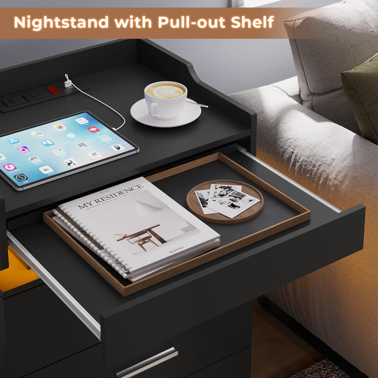 HAUOMS Black Nightstand Set of 2,LED Night Stand with Charging Station & Pull-Out Tray,Bedside Table with Drawers,Modern End Table Side Table Storage Cabniet HAUOMS