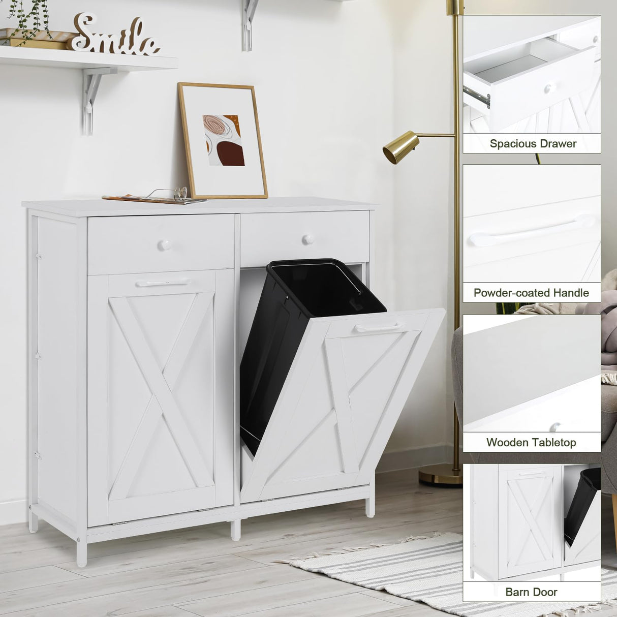 Clevich Double Tilt Out Trash Cabinet 20 Gal, Kitchen Wooden Recycling Cabinet, Hidden Trash Can Holder w/Drawers & Tabletop, Dog-Proof Trash Bin Cabinet, Trash Bins NOT Included(White) Clevich
