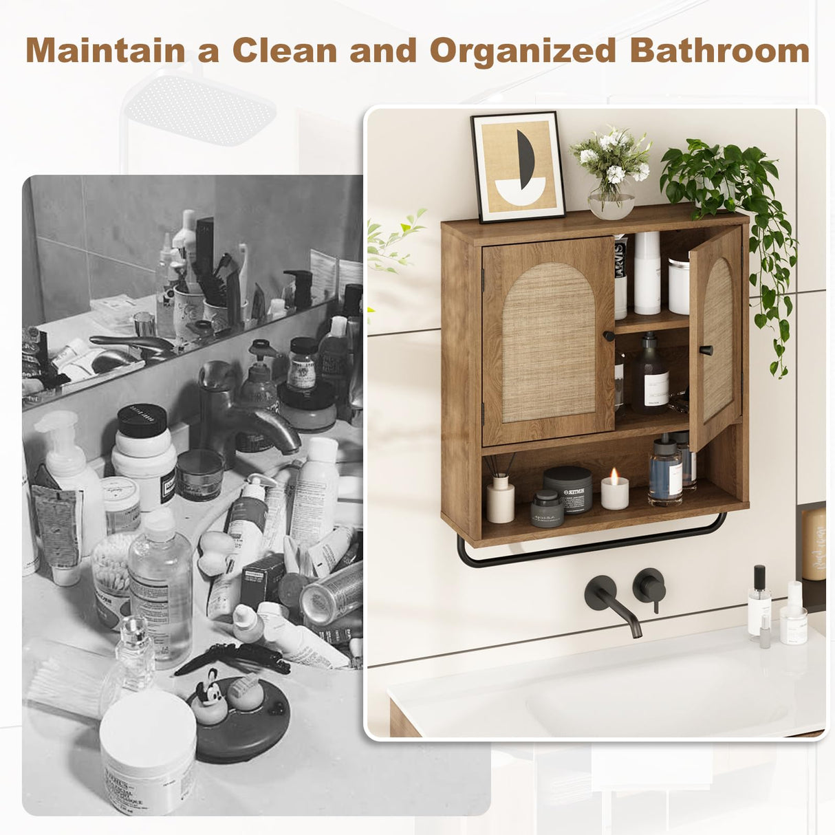 RUSTOWN Rattan Bathroom Wall Cabinet, Boho Medicine Cabinet with 2 Arched Doors, Farmhouse Over The Toilet Storage Cabinets with Adjustable Shelves & Towel Bar, 3-Tier Wall Mounted Cabinets RUSTOWN