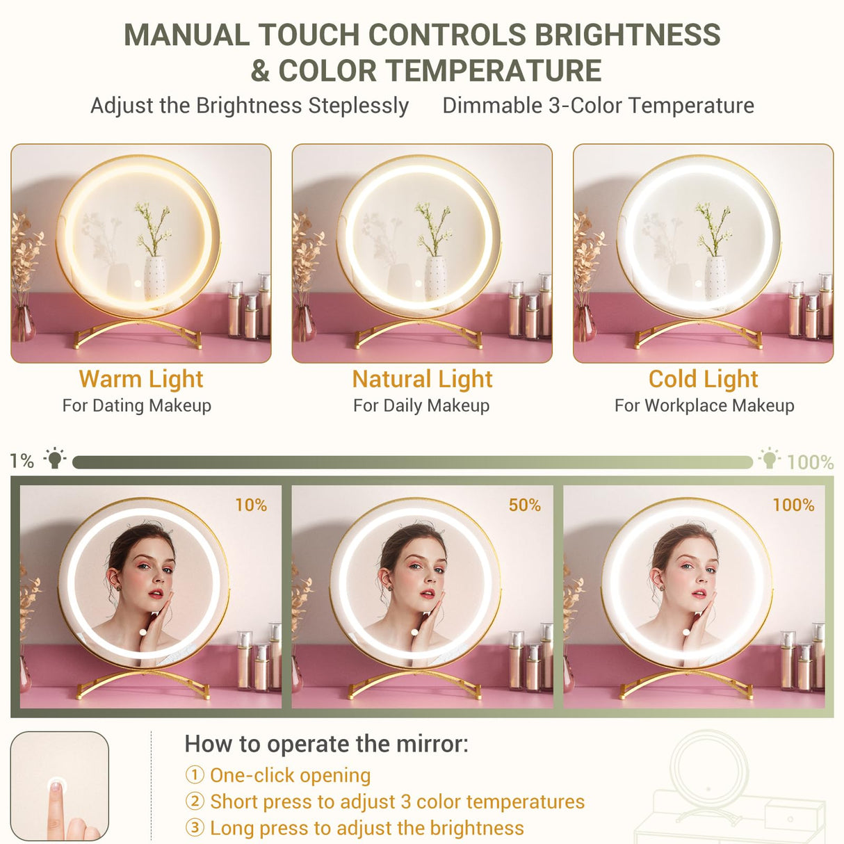 Pink Vanity Desk with Mirror and Lights, Modern Makeup Vanity Table Set with 6 Storage Drawers and Cushioned Stool for Bedroom, Dressing Table with Divided Organizers for Women Girls, Pink armocity