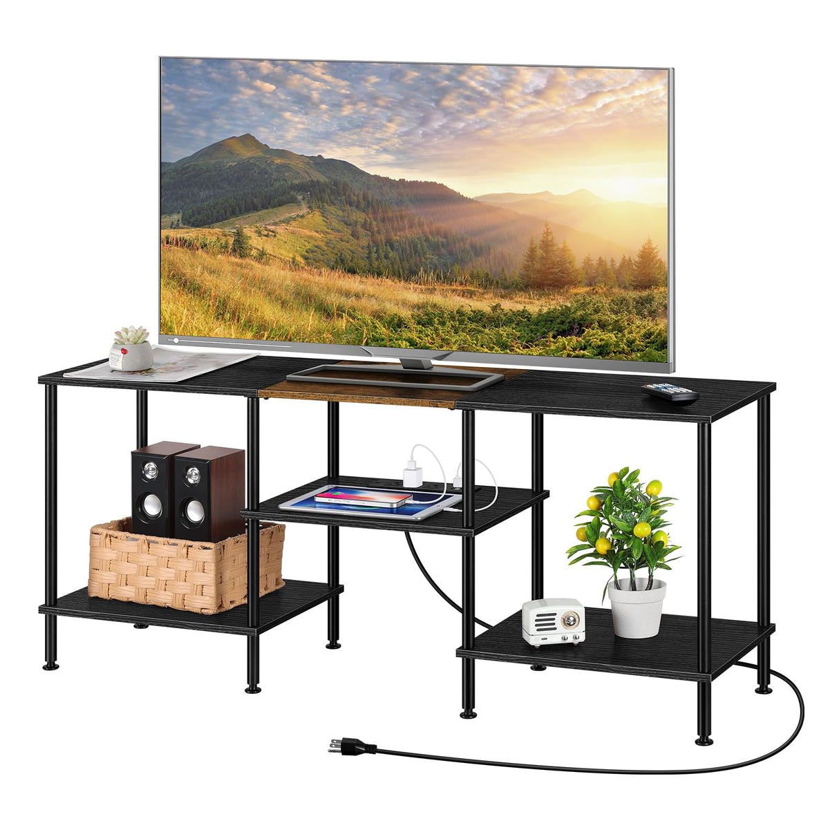 OYEAL Black Bedroom TV Stand with Storage Cabinet up to 50 inch TV, Small TV Console Table with Power Outlets 45 inch Media Entertainment Center for Living Room Bedroom OYEAL