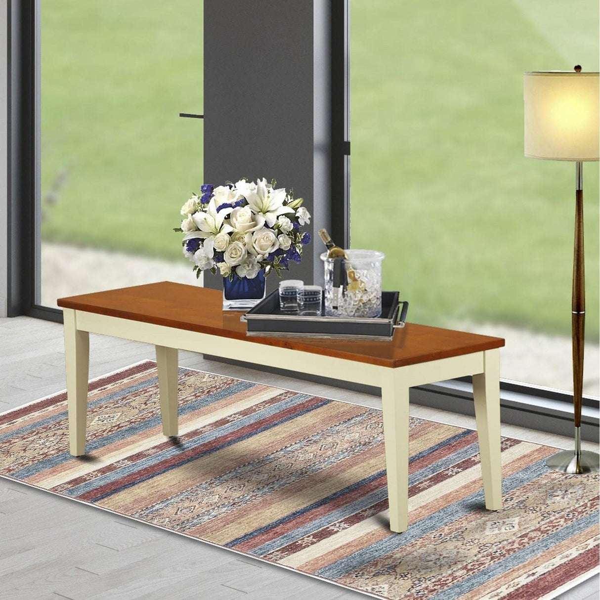 East West Furniture Nib-WHI-W Nicoli Dining Room Bench with Wood Seat, 54x15x17 Inch, Buttermilk & Cherry East West Furniture