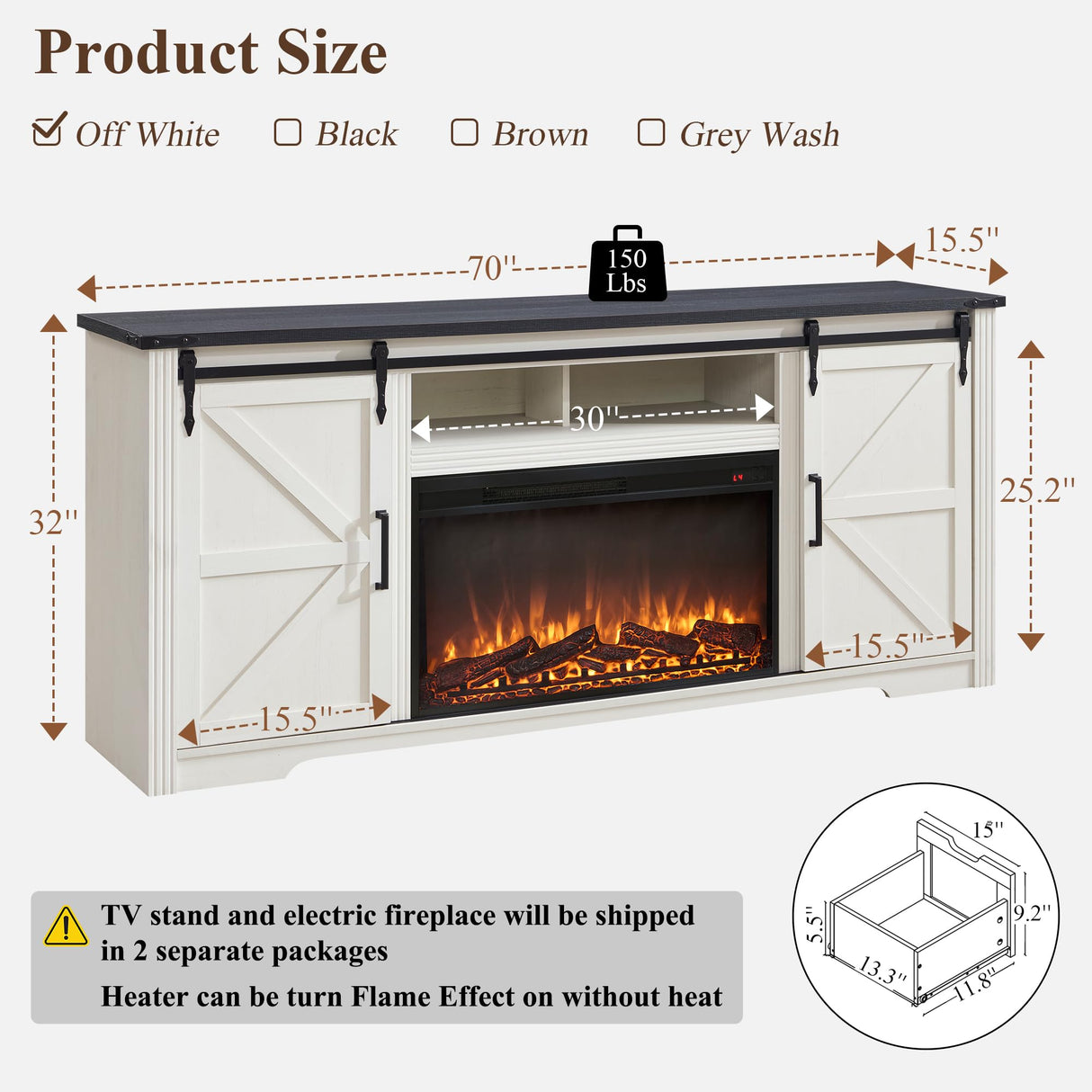 JXQTLINGMU Farmhouse Fireplace TV Stand for 80 Inch TV, 32" Tall Entertainment Center w/Drawer & Sliding Barn Door, 70 Inch Highboy Media Console for Living Room, Off White JXQTLINGMU