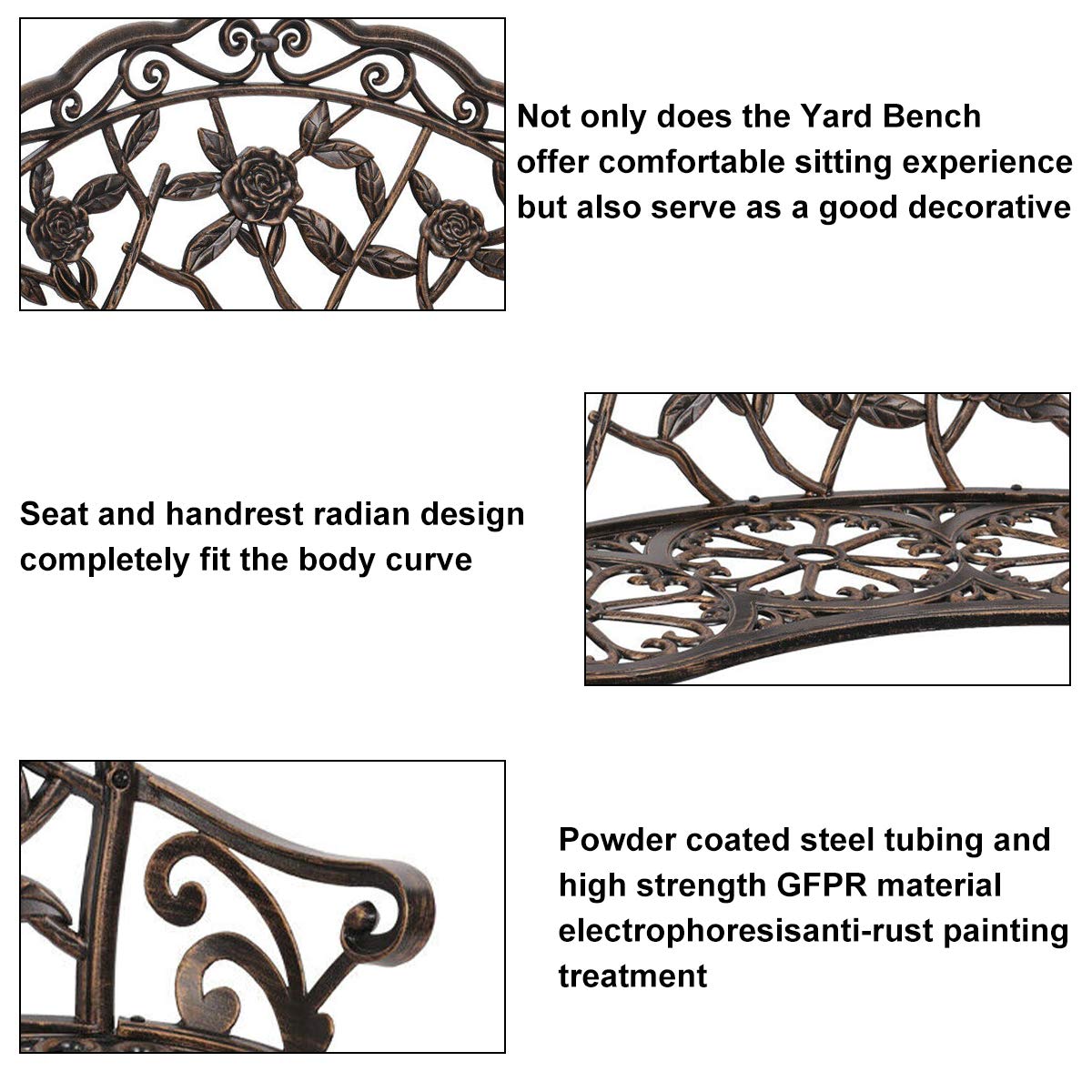 Patio Garden Bench Outdoor Metal Rose Loveseat,39in Cast Iron Well-Crafted Floral Back Antique Finish Park Chair,Accented Lawn Front Porch Path Yard Bronze Decor Deck Furniture for 2|Easy Assembly Meet perfect
