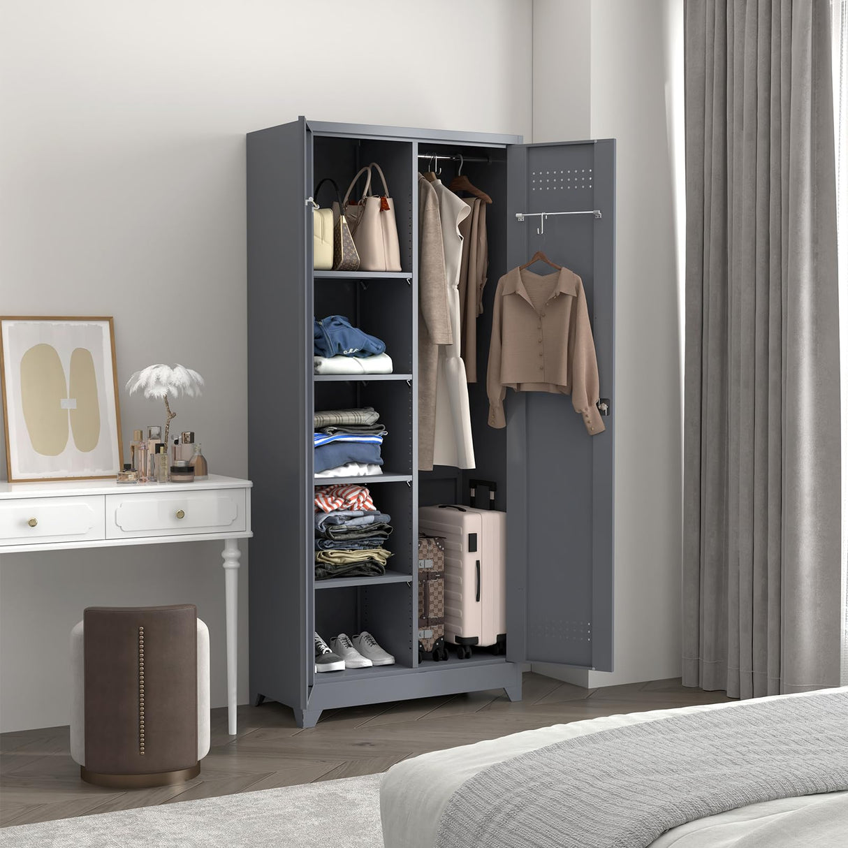 IRONFFICE Utility Cabinet,Heavy Duty Garage Cabinets with Shelves,Cabinet for Brooms and Mops for Laundry Room,Garage,Bathroom,Grey IRONFFICE