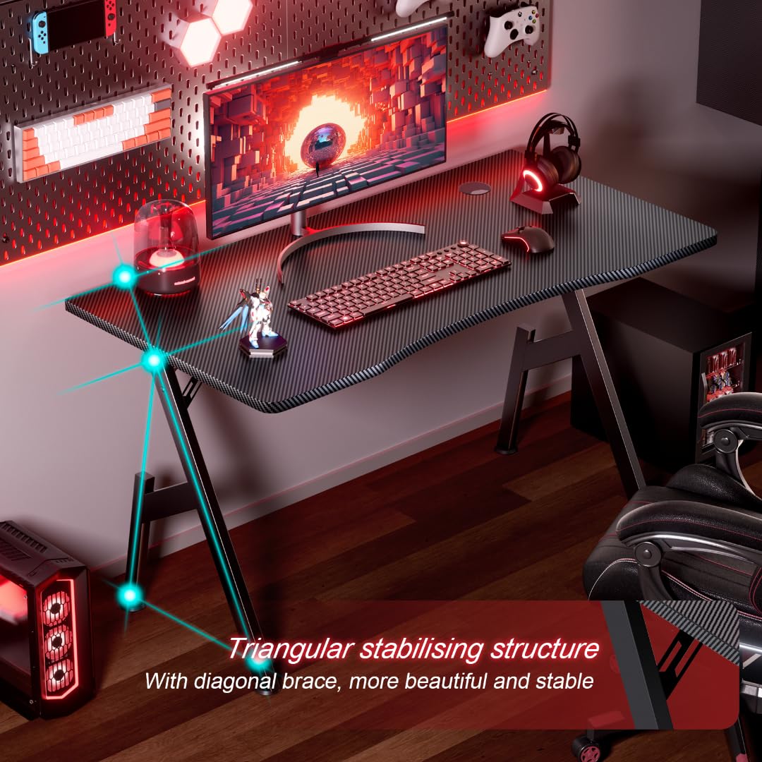 HLDIRECT 40 Inch Gaming Desk with Carbon Fibre Surface- A Shape Large Computer Desk Gaming Table Ergonomic Pc Gaming Workstation Home Office Desks HLDIRECT