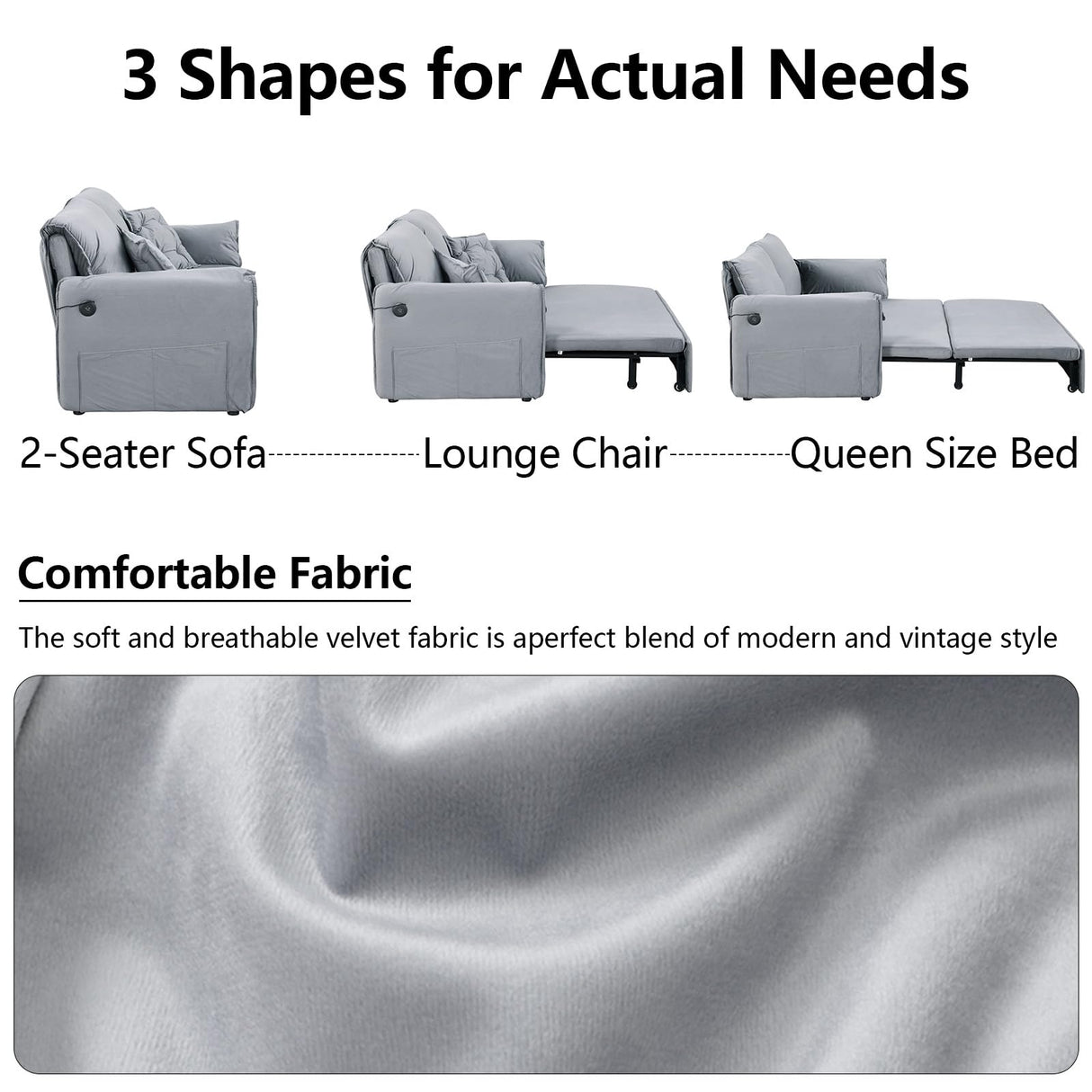 Queen Size Futon Sofa Bed,3-in-1 Convertible Sleeper Sofa Bed,Velvet Pull Out Bed with USB Port,Side Storage,2 Soft Pillows,Recliner Loveseat Sofa for Living Room,Small Space(Grey) Otnqu