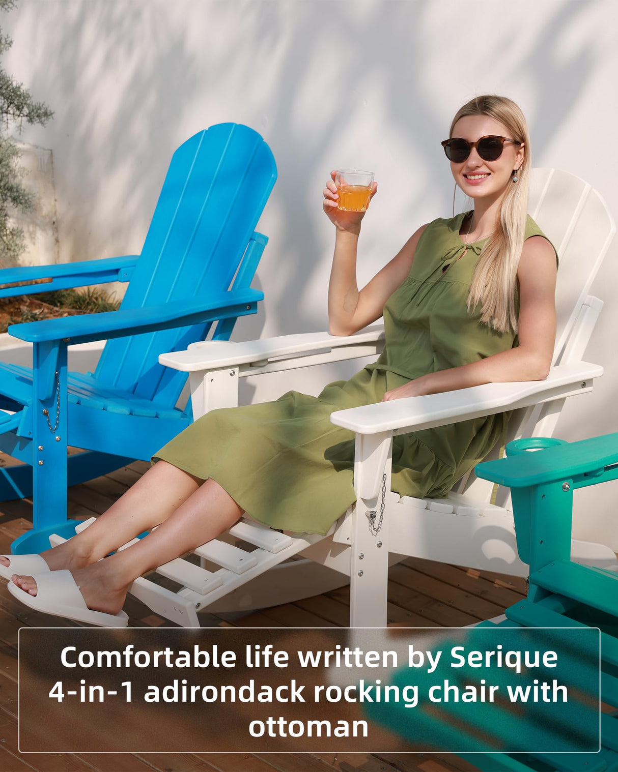 Serique 4-in-1 Multifunctional Folding Adirondack Rocking Chair, Patio Chair with Retractable Ottoman, Outdoor Chair Wood Texture, Lawn Chair for Porch, Backyard, Pool(Black) Serique