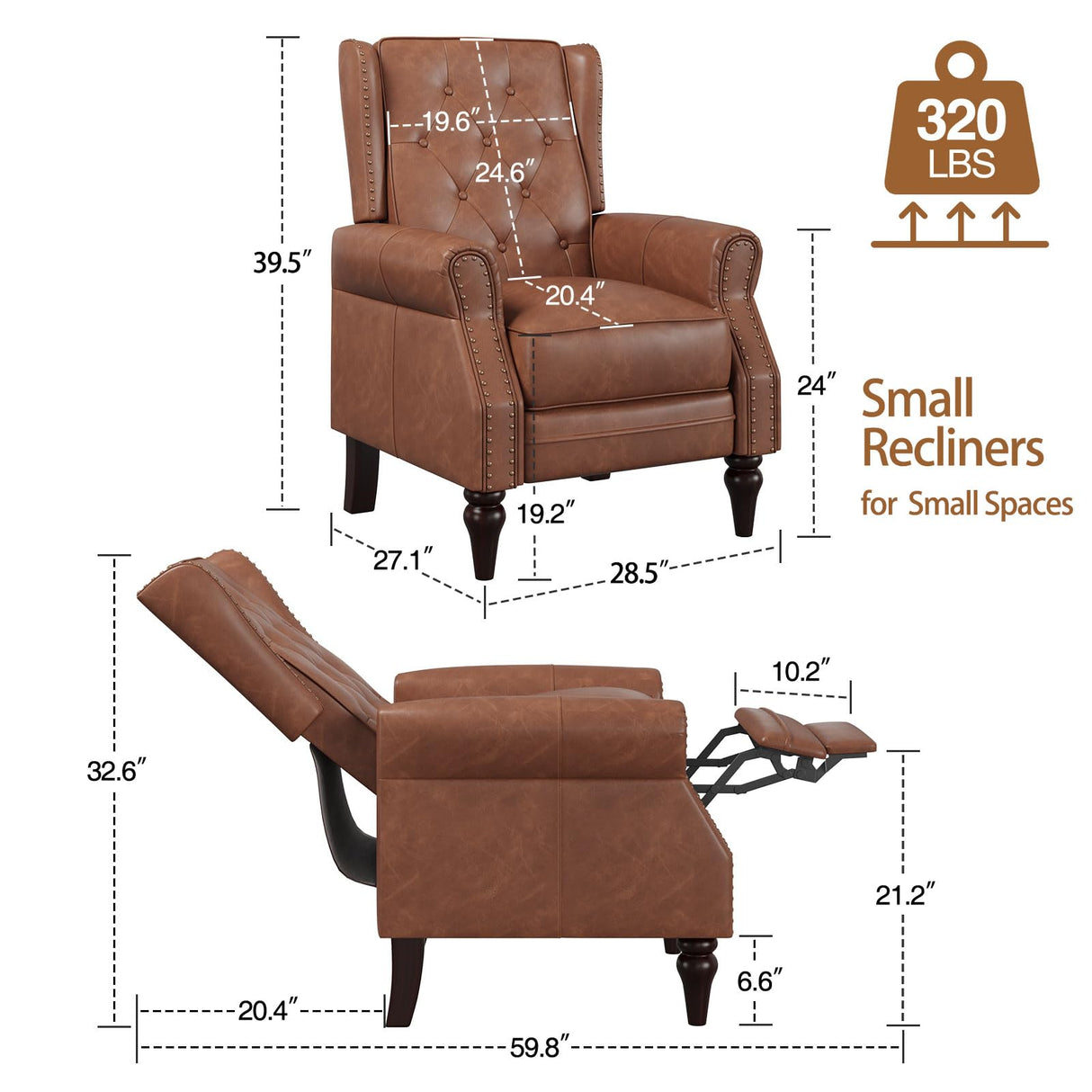 Small Recliner Chair, Single Sofa Recliner Chair with Wingback, Leather Accent Chair with Rivet Decoration for Living Room Bedroom Club Cafe, Matt Brown FiveWillowise