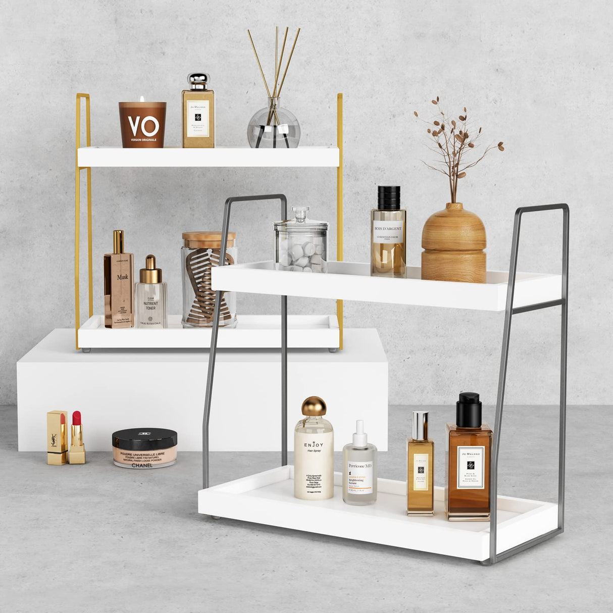 Forbena 2 Tier Bathroom Counter Organizer, White and Grey Coffee Bar Organizer for Countertop, Wood Shelf Tray for Vanity Makeup Storage, Small Kitchen Sink Top Organizers for Coffee Bar Station Forbena