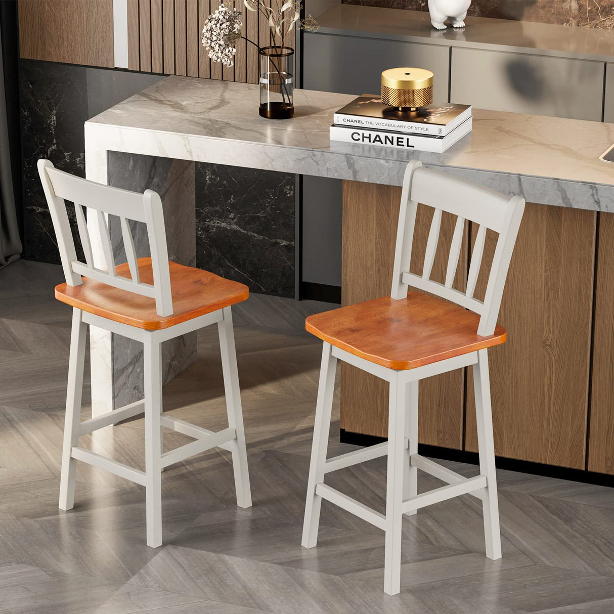 COSTWAY Set of 2 24.5-Inch Swivel Bar Stools in White Rubber Wood with Footrest and Ergonomic Design COSTWAY