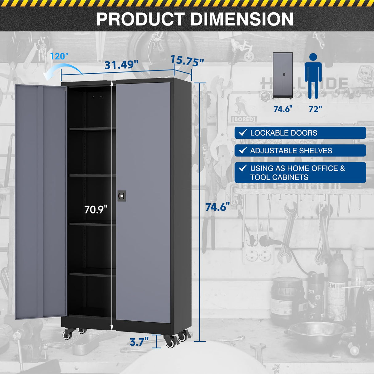 Fesbos Metal Rolling Storage Cabinet-74.6” Tall Steel File Cabinets with Wheels Lockable Doors and Adjustable Shelves-Black & Gray Steel Storage Cabinet for Home, School, Office, Garage Fesbos
