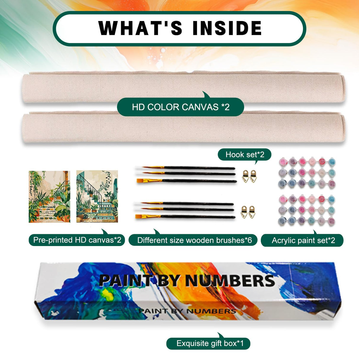 2 Pack Paint by Numbers Kit for Adults Beginner, Boho Green Plant Adult Paint by Number Kits on Canvas, DIY Acrylic Number Painting for Adults for Home Wall Decor Gift 16x20 Inch Possoco