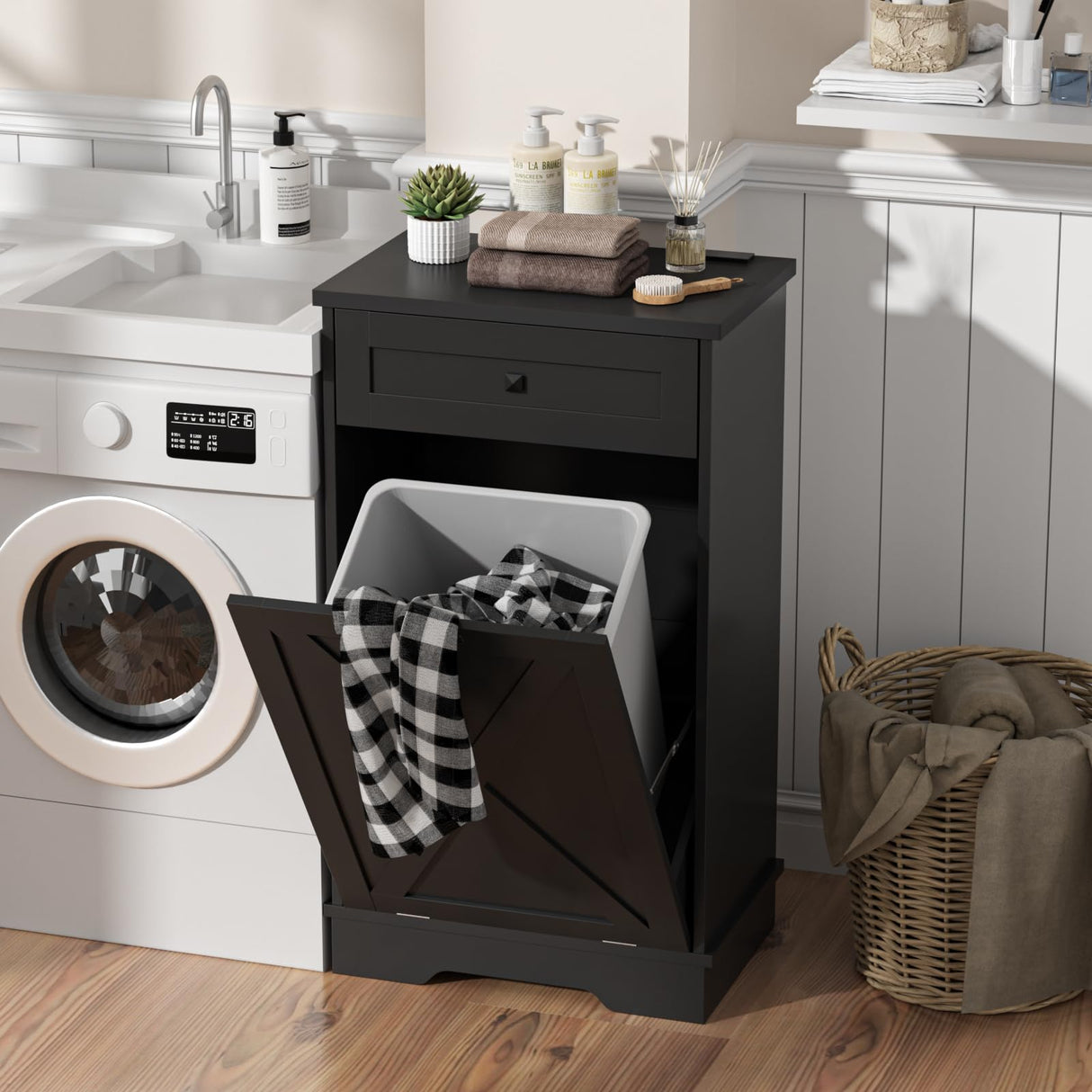 Tilt Out Trash Cabinet, Farmhouse Trash Can Cabinet w/Negative ion, Dog Proof 10 Gallon Garbage Can Cabinet for Kitchen, Bathroom, Living Room, Black Halitaa