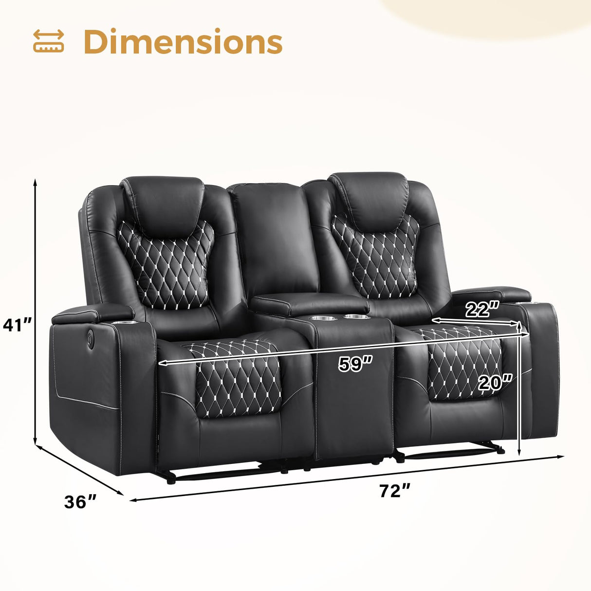 ANJ Reclining Loveseat,Power Recliner Sofa with USB Ports and Cup Holders - Overstuffed Electric Living Room Seating PU Leather Double Recliner with Hidden Arm Storage, Easy to Clean (Black) ANJ