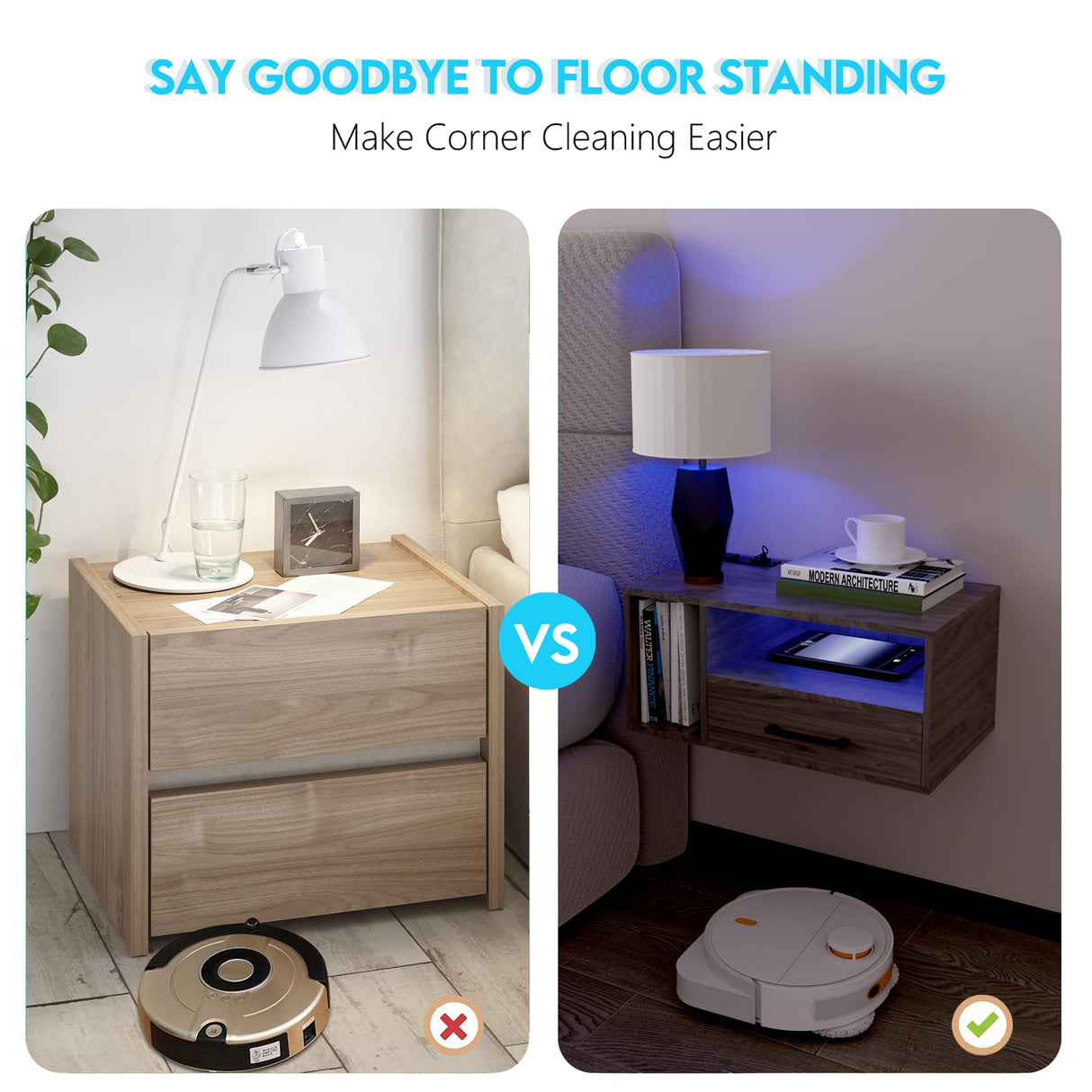 Bloddream Floating Nightstand with Charging Station and LED Light Strips, 21.3" Night Stand with Drawers, Floating Bedside with USB Ports and Outlets, Bedroom Furniture Bloddream