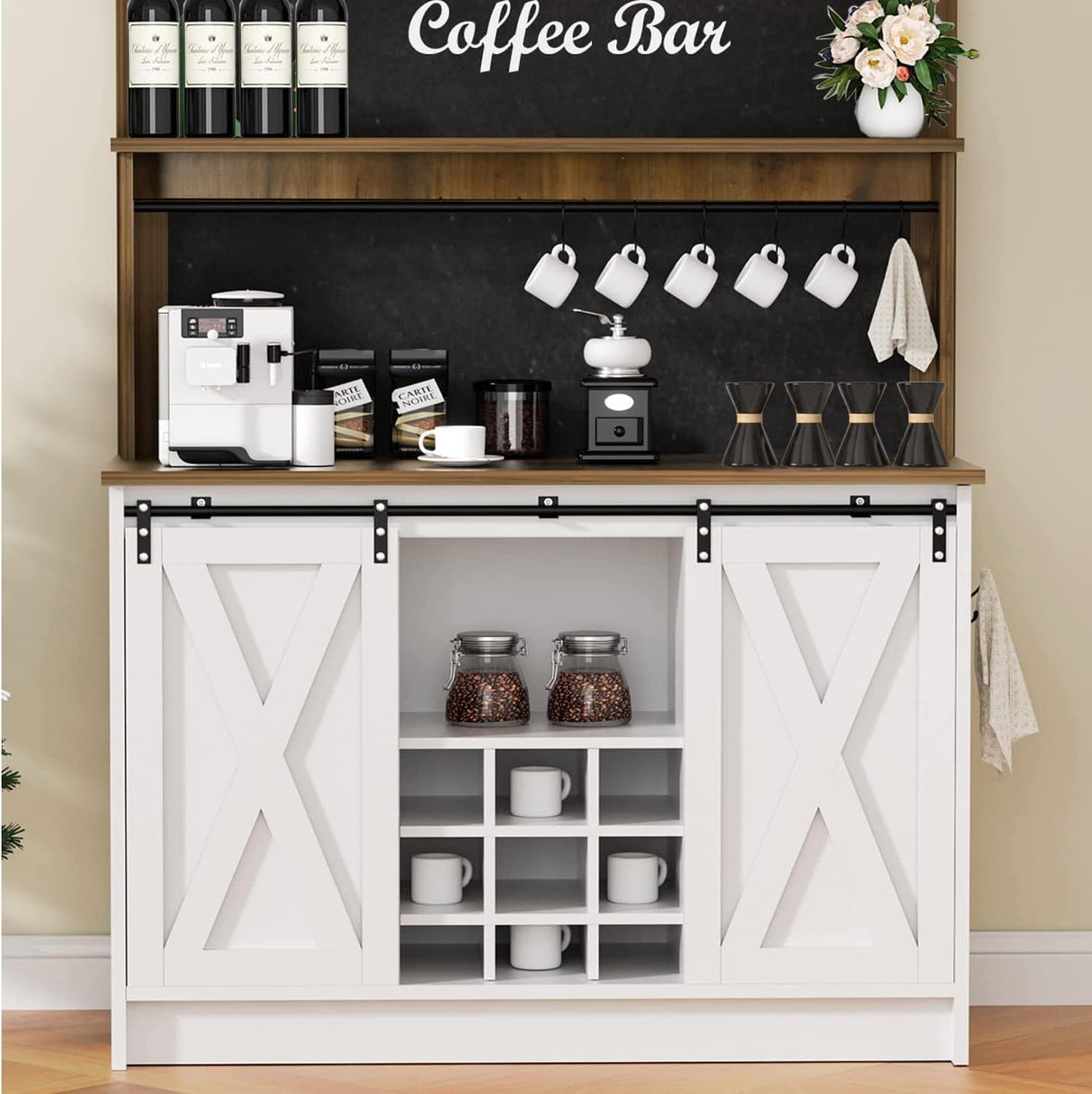 4 EVER WINNER Farmhouse Coffee Bar Cabinet with Hutch, 47” Sideboard Buffet Cabinet w/Sliding Barn Doors, 6 Hooks, Liquor Cabinet with Floating Shelf Wine Racks for Living Dining Room, White 4 EVER WINNER