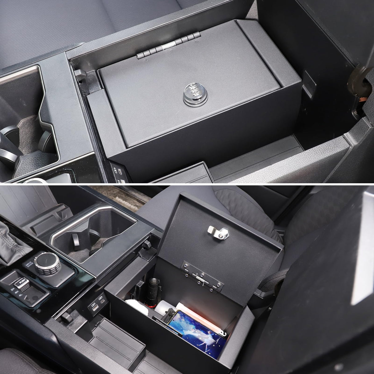 Car Center Console Safe Box Compatible with Toyot@ Tundra 2022-2025,Center Console Armrest Safe Lock Box Armrest Gun Security Organizer Tray with 3-Position Combination Lock and Key (black) HAPPYHORSE