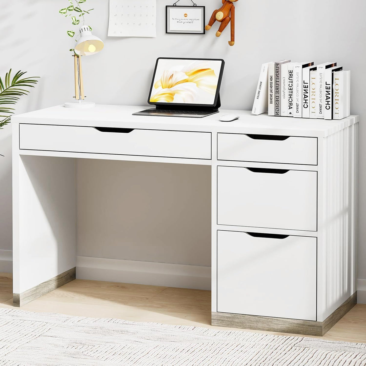 MaverickFurni White Computer Desk with Storage Drawers, Home Office Small Desk with File Cabinet, Study Desk for Kids with 4 Drawers, Modern Kids Desk for Bedroom, Small Space MaverickFurni