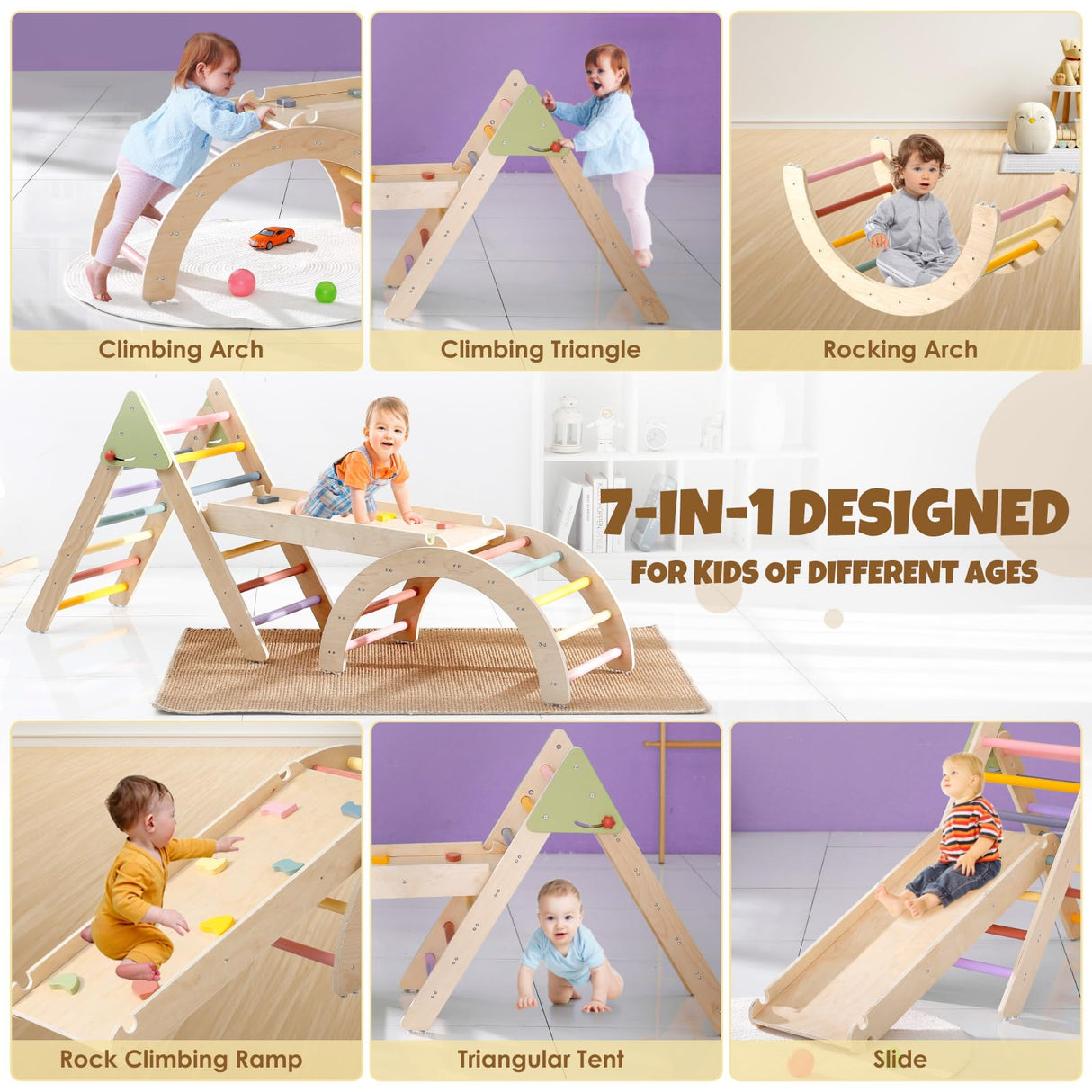Pikler Triangle Set 7in1 Montessori Climbing Set, Foldable Climbing Toys for Toddlers 1-3 Inside, Wooden Pikler Triangle Climbing Set with Arch&Ramp&Ladder, Pickler-3 Piece Baby Climbing Gym Indoor Takeeyce