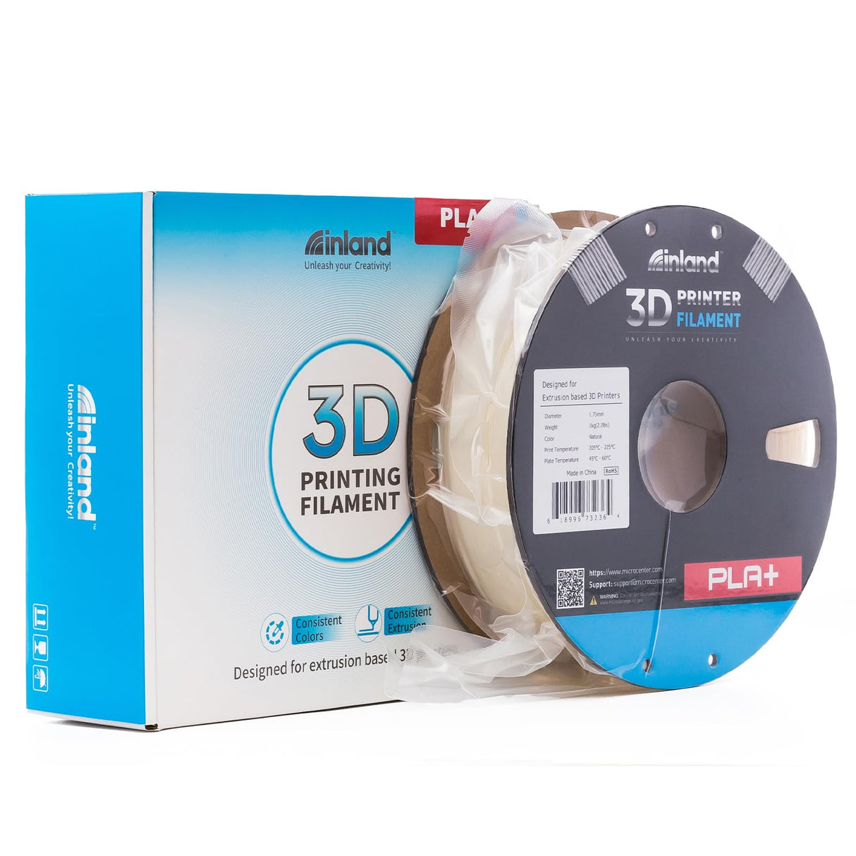 INLAND Micro Center PLA+ 3D Printing Filament 1.75mm - Natural PLA Plus 3D Printer Filament - PLA Pro Dimensional Accuracy +/- 0.03 mm - 1 kg Cardboard Spool (2.2 lbs) INLAND