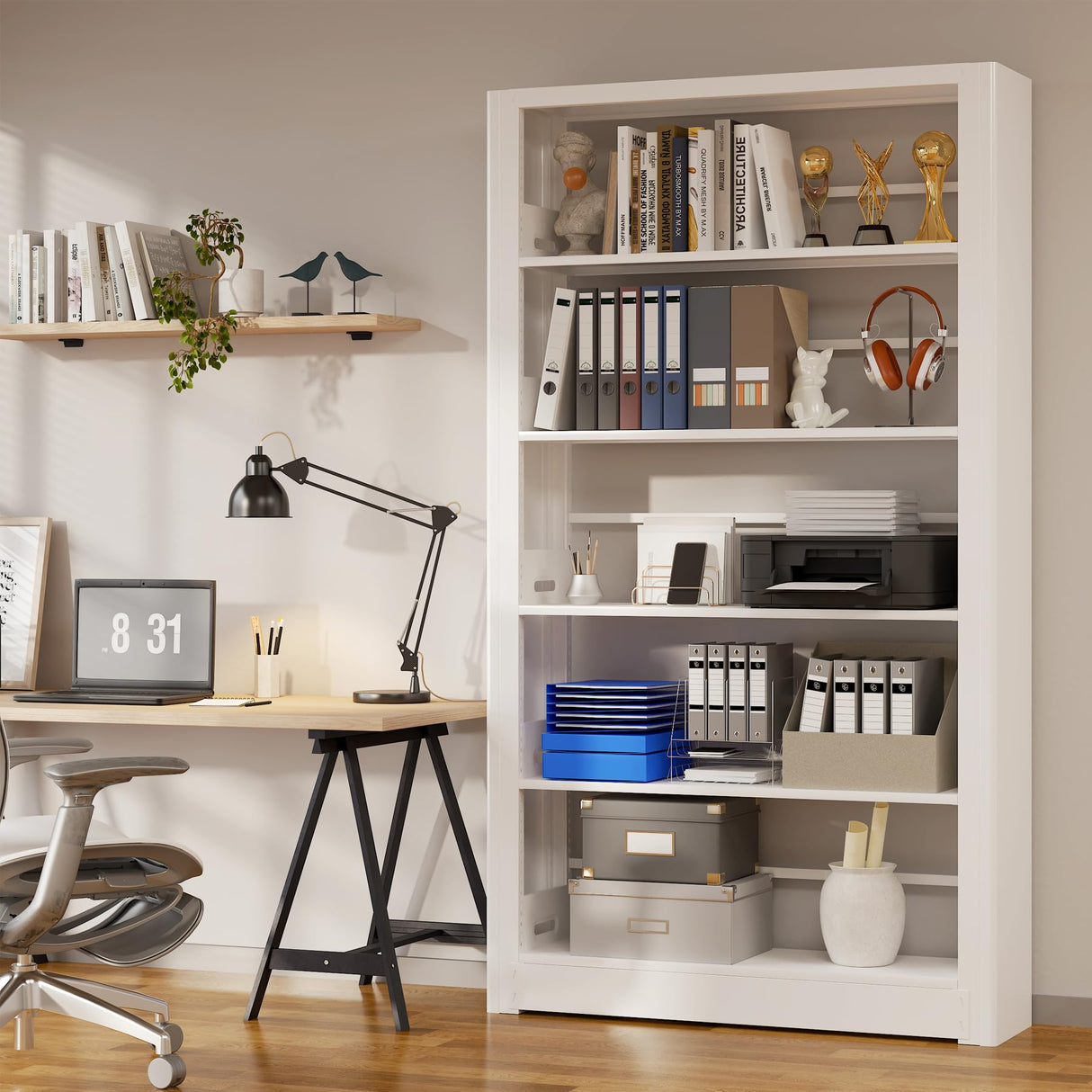 LyAosdFu Heavy Duty Metal Bookshelf, 5 Shelf Adjustable Bookcase, 69’’ Tall Modern Bookshelves, Open Book Shelf Organizer, Large Sturdy Book Case for Living Room, Library, Office, White Book Shelf LyAosdFu