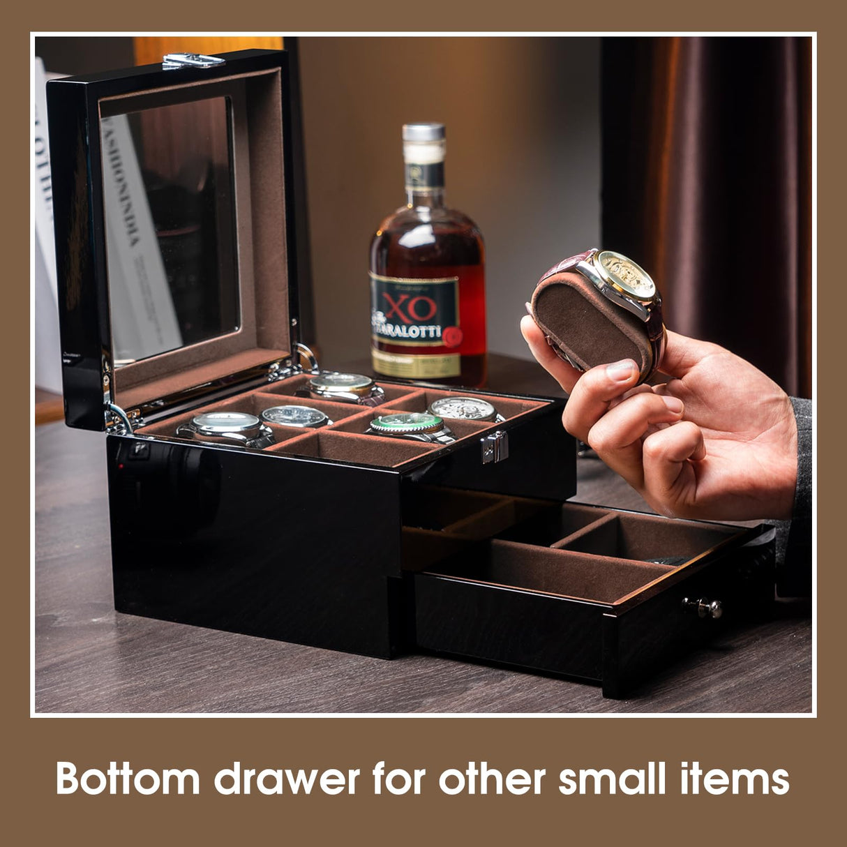 ProCase 6 Slots Lacquered Finish Wooden Watch Box for Men, Men’s Watch Organizer with Glass Top, 2-Tier Display Case for Wristwatch Storage Father's Day Gift -Black ProCase