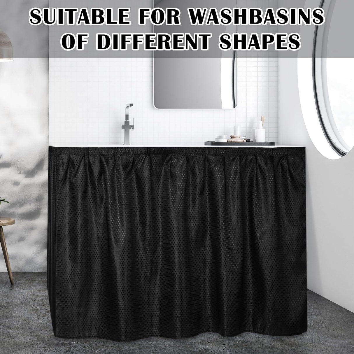 Windkream Fabric Sink Skirt Diamond Bathroom Stitch Self Stick Adhesive Waterproof Fabric Under Sink Curtain Skirt 55 x 32 Inch Adds Bathroom Storage(Black,Classic Style) Windkream
