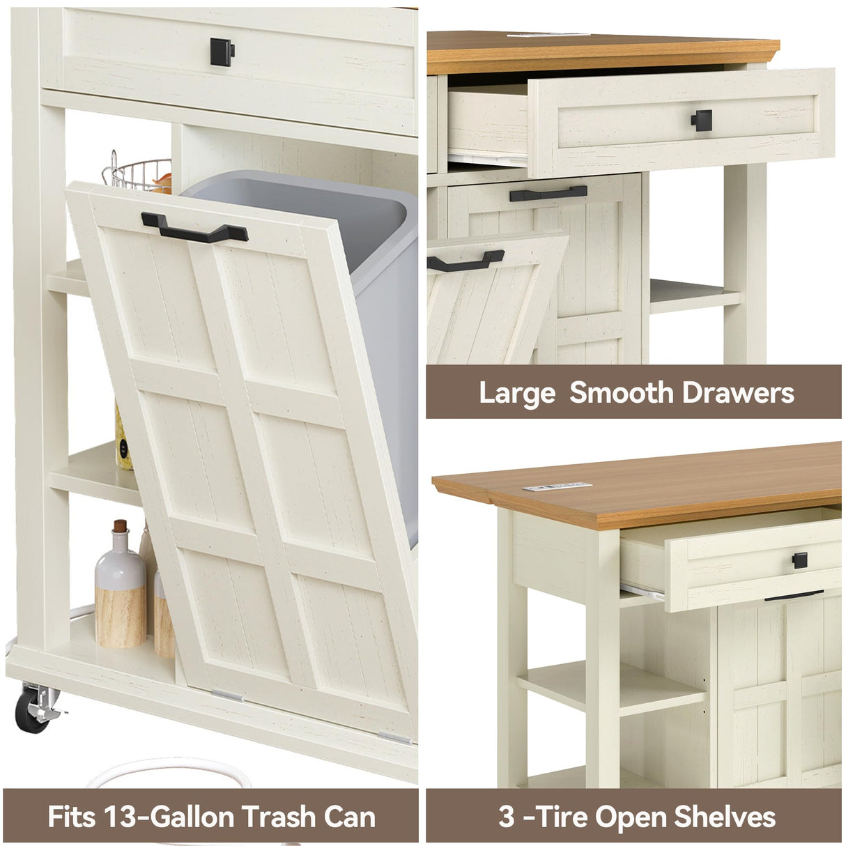 DWVO Kitchen Island with Drop Leaf, Tilt Out Trash Can Cabinet, Mobile Storage Islands with Power Outlet, Americana Rolling Island Table on Wheels with Open Shelves for Dining Room, Off White DWVO