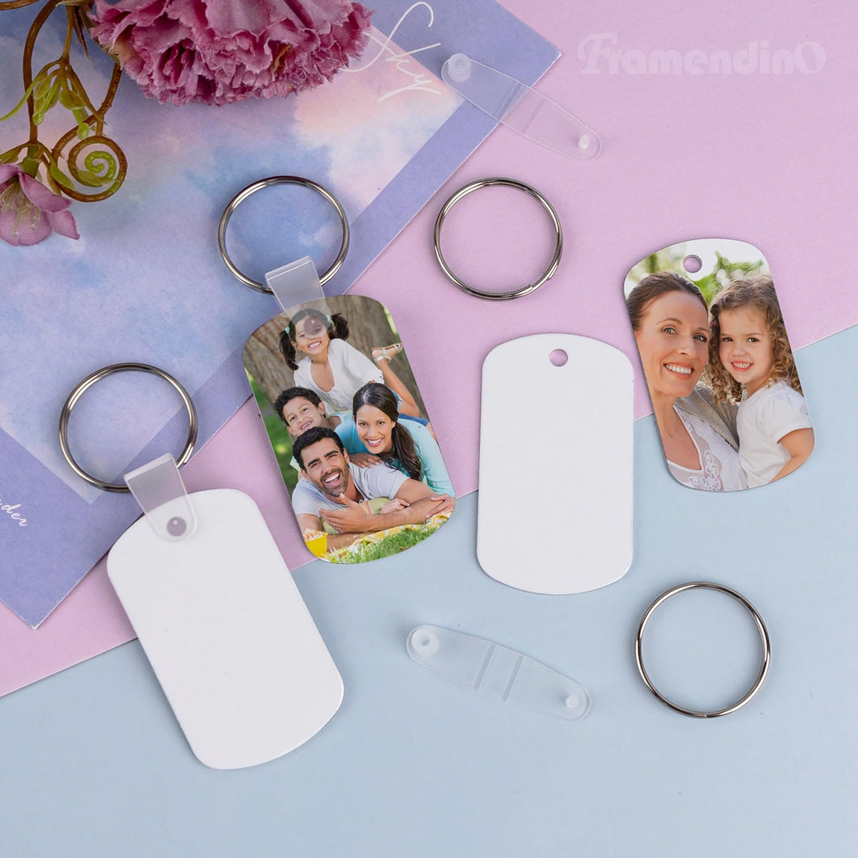 Framendino, 60 Pack Metal Sublimation Keychain Blanks Double Sided Heat Transfer Keychains Oval Framendino