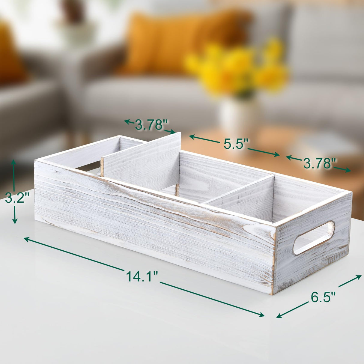 14 Inch Farmhouse White Bathroom Basket with Removable Dividers - 3 Comparments Wood Toilet Paper Basket for Back of Toilet Tank Topper - White Storage Organizer for Bathroom Pantry Organization dreamkey