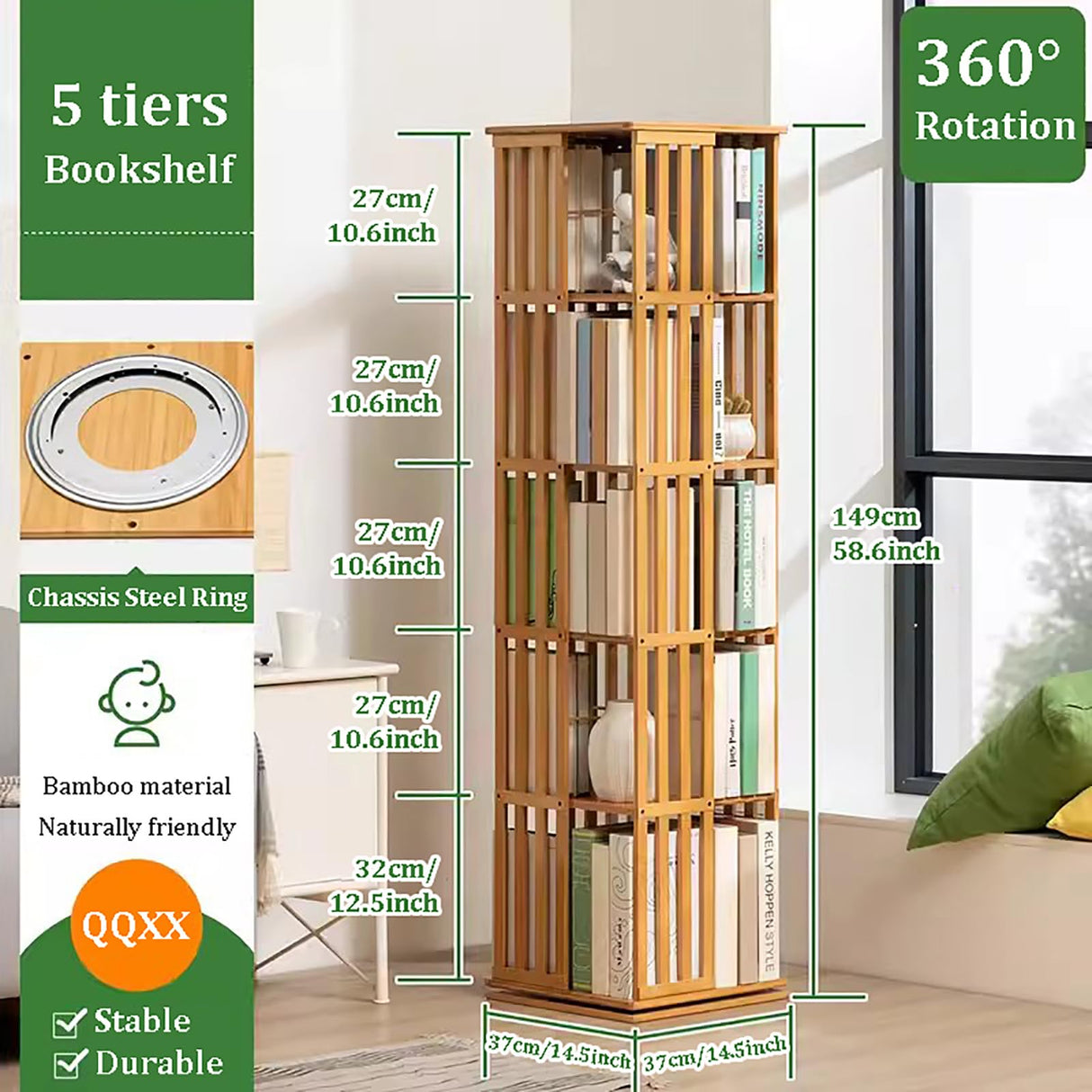 SUZEPER 5 Tier 360° Rotating Bookshelf,Bamboo Bookshelf Floor Standing Storage Rack,Wood Narrow Book Shelf Organizer for Living Room Study Room Office(37x37x149cm(15x15x59inch), Walnut) SUZEPER
