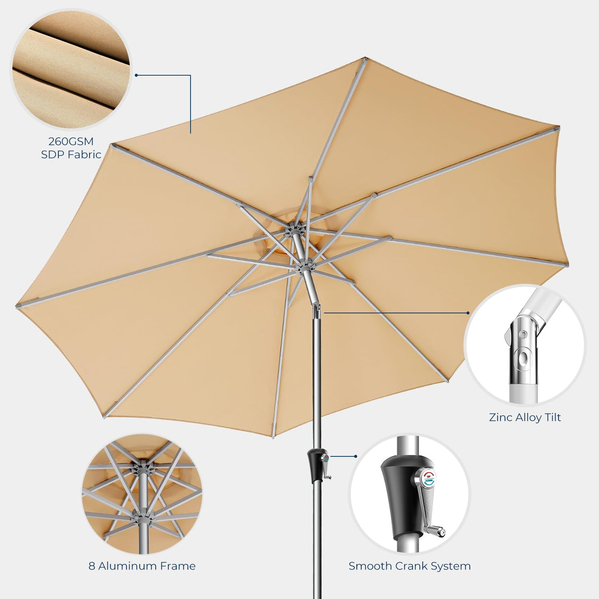 HOMSHADE 9FT Aluminum Outdoor Patio Umbrella, 5-Year Fade Resistant Market Table Umbrella, UPF50+ UV Protection with Push Button Tilt, Crank for Pool Deck and Garden (Beige) HOMSHADE