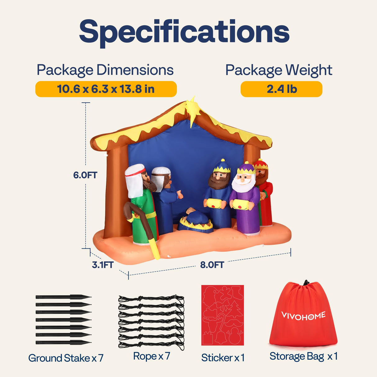 VIVOHOME 8FT Christmas Inflatable Outdoor Decoration, Nativity Scene Set, Navidad Blow Up Yard Decor with Built-in LED Light for Lawn, Garden, Party VIVOHOME