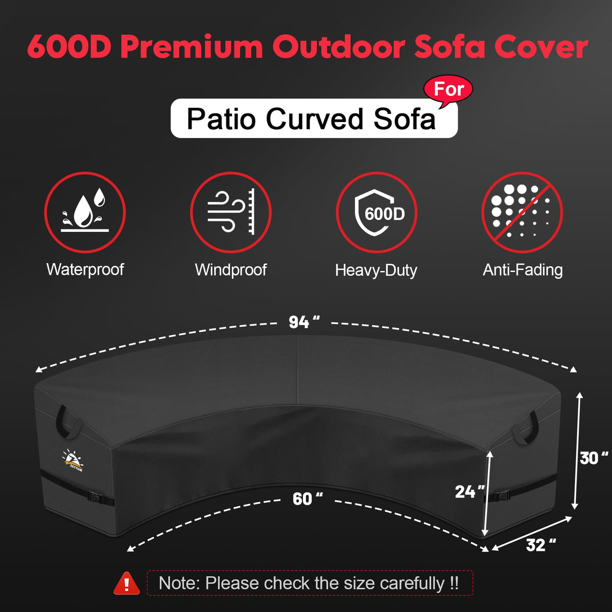 Zettum Outdoor Curved Sectional Cover - Patio Sectional Sofa Cover, 600D Waterproof Patio Furniture Covers for 2-3 Seater Outdoor Sectional Sofa and Couch, 94"(Back)/60"(Front) Zettum