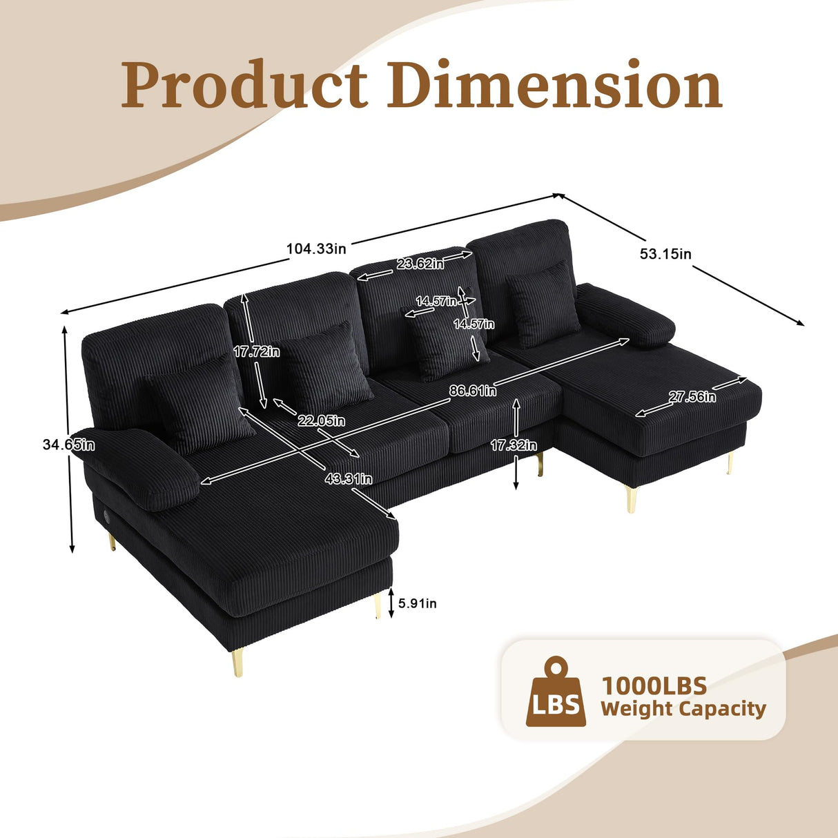 LIFEISLE 104" Sectional Couches for Living Room Modular Sofa with Double Chaise U Shaped Sofa Set with Intelligent Light for Home Furniture, Black LIFEISLE