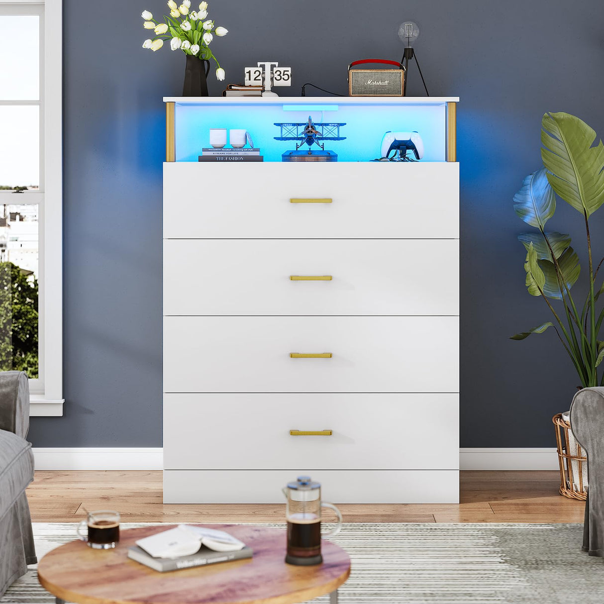 AOGLLATI White Dresser for Bedroom with Column Design, 4 Drawer Dresser with Charging Station, Modern Bedroom Led Tall Dresser for Bedroom Closet AOGLLATI