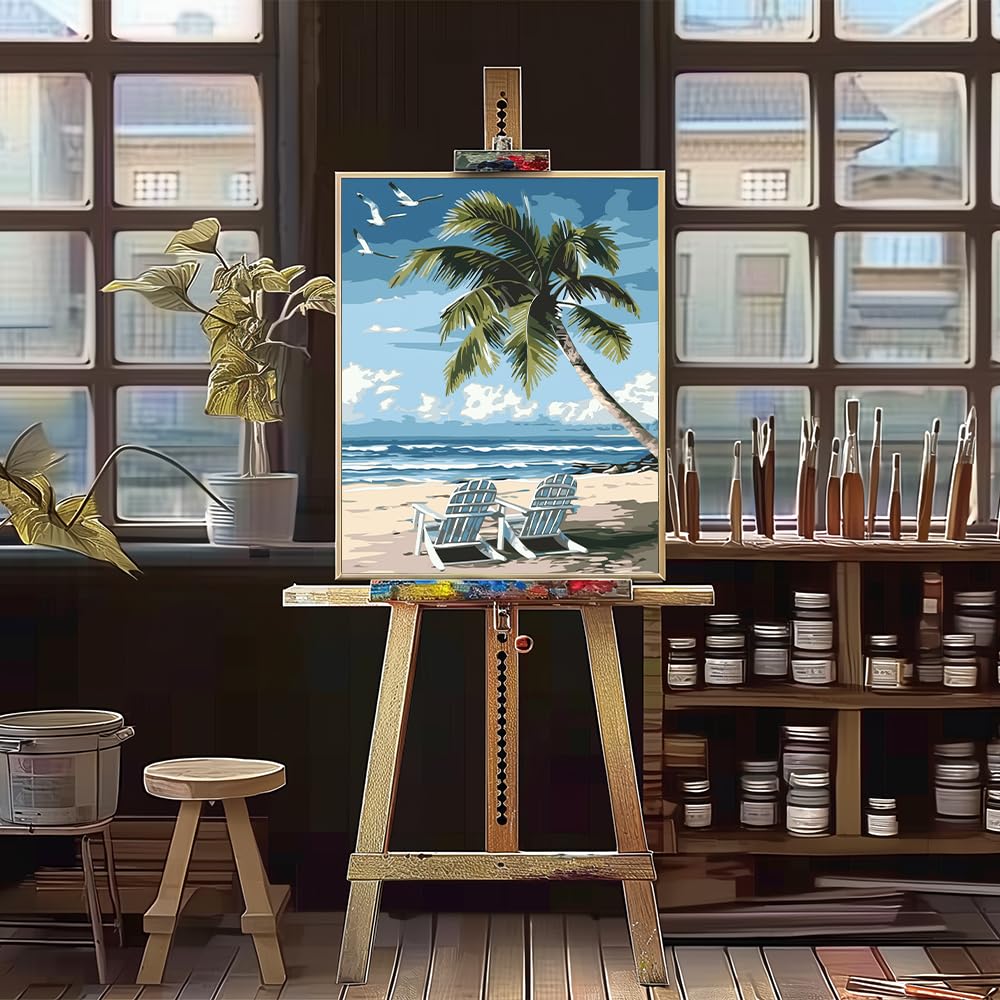 Natuyalo Paint by Numbers Kit for Adults - Beach DIY Adult Paint by Number Kits Seascape Acrylic Canvas Painting for Adults Beginners Kids Art Crafts Without Frame, 16x20 Inch Natuyalo