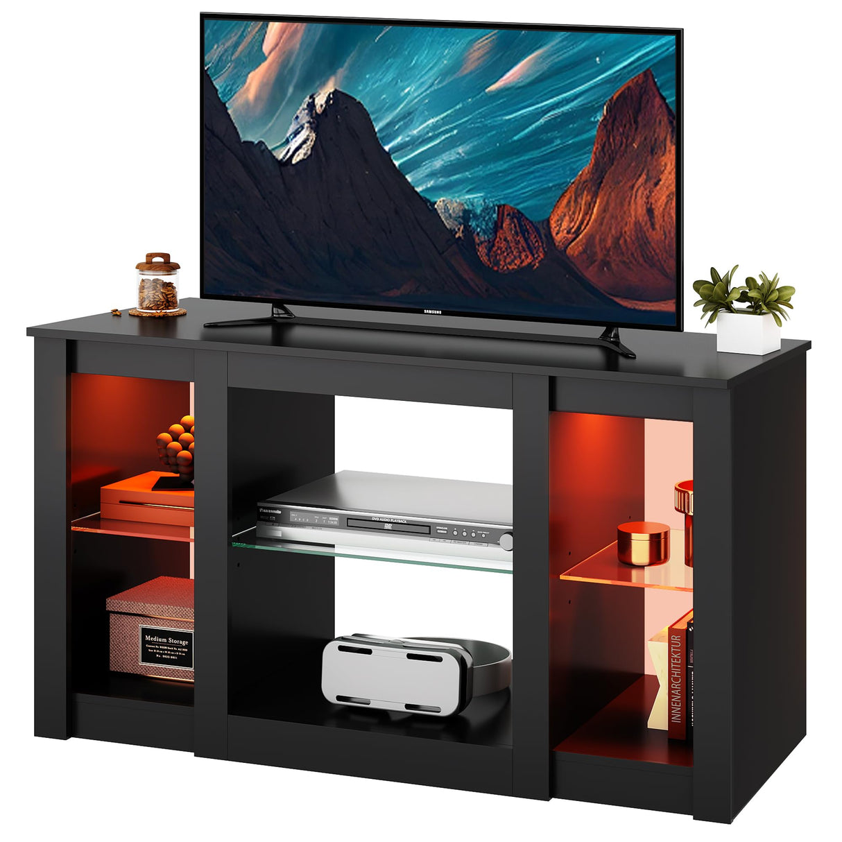 WLIVE TV Stand for 43 Inch TV, Modern Entertainment Center with LED Lights & Adjustable Glass Shelves, Sturdy Media Console for Living Room, Bedroom,Gaming (Black) WLIVE