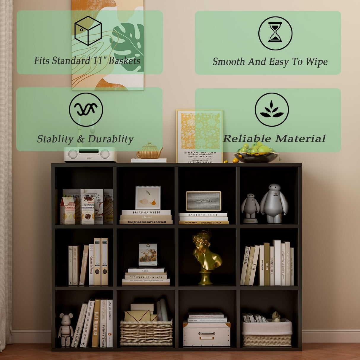 OSCHF 12-Cube Storage Shelf Bookcase - Wooden 3-Tier Floor Standing Open Bookshelf for Home and Office, Display Cabinet, Black OSCHF